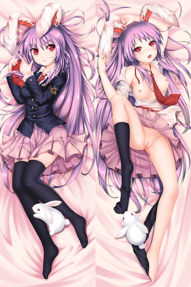 barefoot black_legwear black_thighhighs blazer breasts bunny bunny_ear dakimakura feet female legs long_hair lying necktie nipples noodle_(dakemakura) purple_hair pussy red_eyes reisen_udongein_inaba single_thighhigh sock_pull solo spread_legs thighhighs touhou uncensored