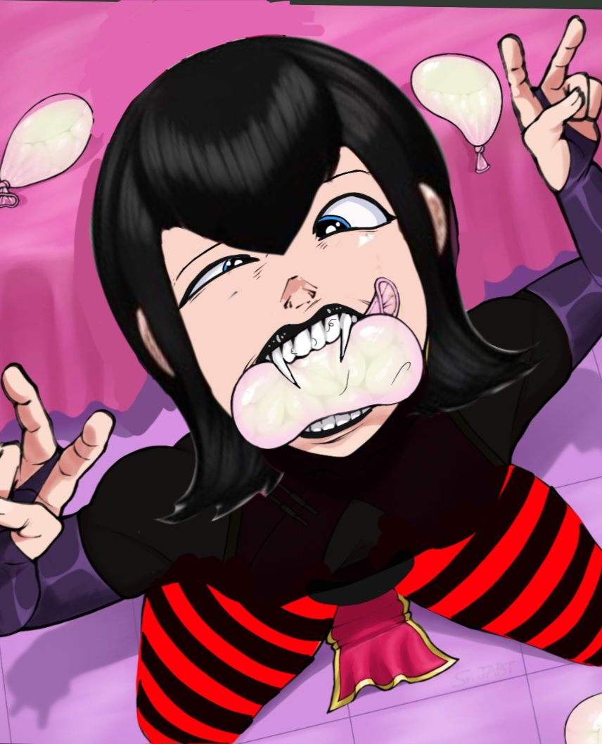 1girls aheagao ai_assisted big_breasts big_thighs biting_condom black_clothing blue_eyes condom condom_balloon condom_in_mouth crazy crazy_eyes crazy_female fangs female hotel_transylvania mavis_dracula mouth_full_of_cum pubic_hair red_and_black_clothing short_hair sitting sneaksmile thick_thighs vampire vampire_girl