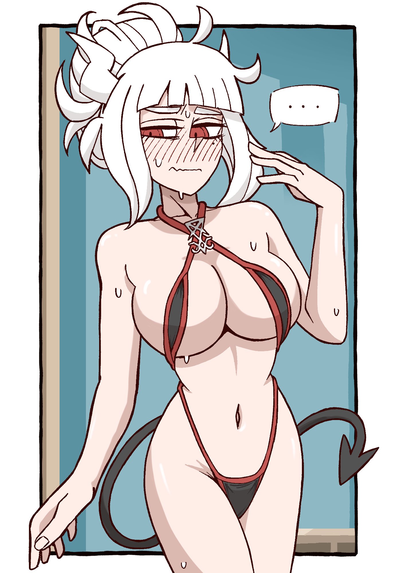 1girls, blush, demon girl, demon horns, embarrassed, embarrassed female, helltaker, lucifer (helltaker), red eyes, sling bikini, white hair, yorunogara