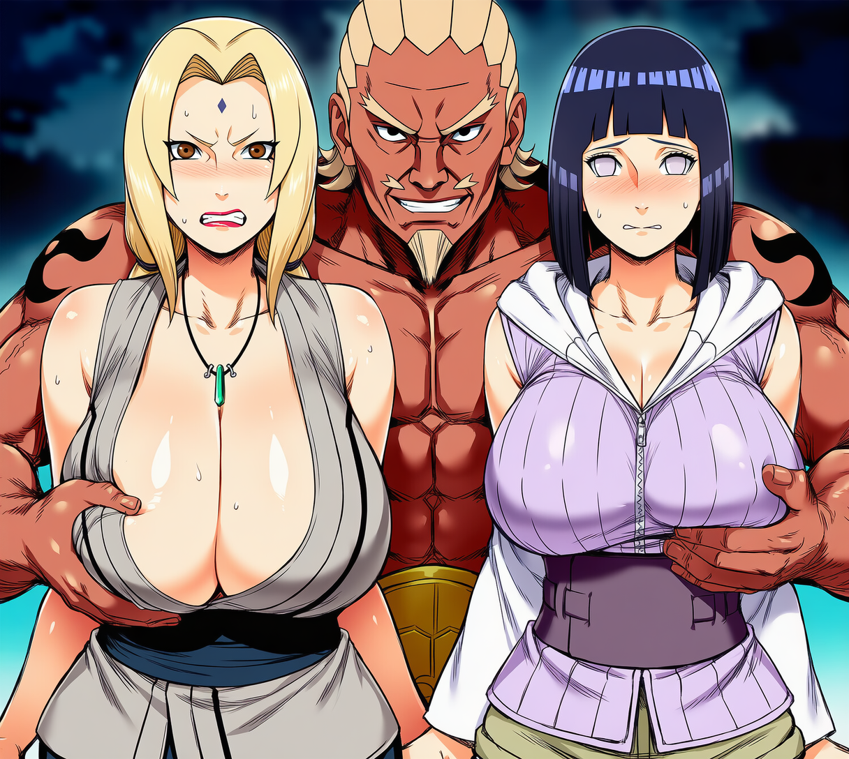 1boy, 1boy2girls, 2girls, 2girls1boy, abs, ai generated, angry, angry expression, angry face, angry female, arm behind another's back, arms around back, arms around partner, arms behind back, big breasts, bigger male, boruto: naruto next generations, breast grab, breast size difference, breast squeeze, breasts bigger than head, cleavage, cleavage cutout, clothed female, cupping breasts, curvaceous, curvy body, curvy female, dark-skinned male, dominant male, domination, dubious consent, embarrassed, embarrassed female, face out of frame, femsub, forced presentation, from behind, from behind position, girl sandwich, groping, hanging breasts, huge breasts, hyuuga hinata, interracial, large breasts, maledom, mature female, muscular male, naruto, naruto (series), necklace, property, questionable consent, raikage, sagging breasts, sandwiched, shy, shy expression, size difference, size play, smile, smug, smug face, smug grin, submissive, submissive female, teacher and student, tits bigger than head, trio, tsunade, uzumaki hinata, worried, worried expression