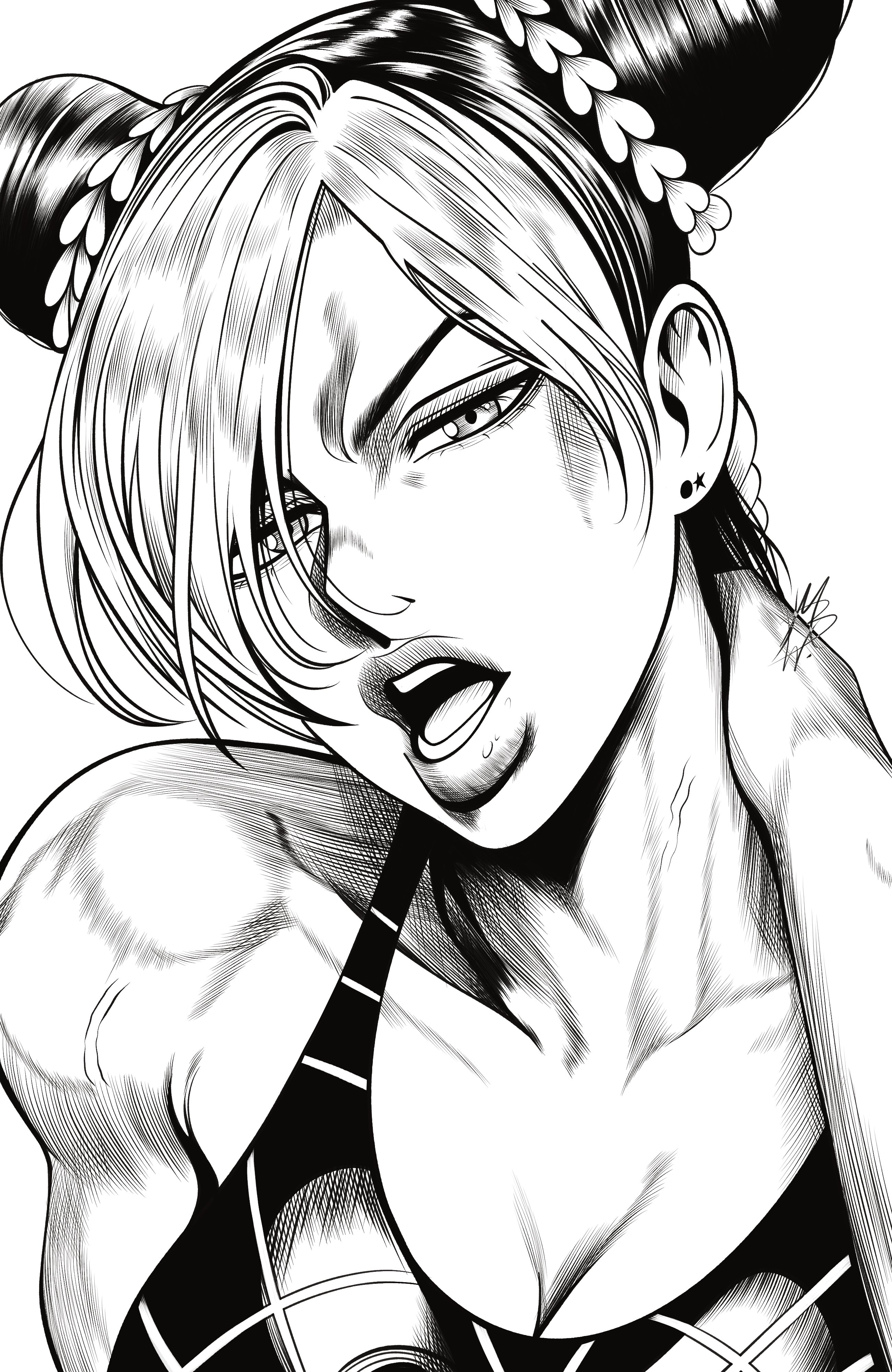 1girls, artist name, beautiful, beautiful artwork, big breasts, breasts, cleavage, ear piercing, female, female focus, female only, gorgeous, hand on neck, jojo's bizarre adventure, jolyne kujo, line art, lipstick, looking at viewer, mostlybluewyatt, stone ocean, tagme, white background