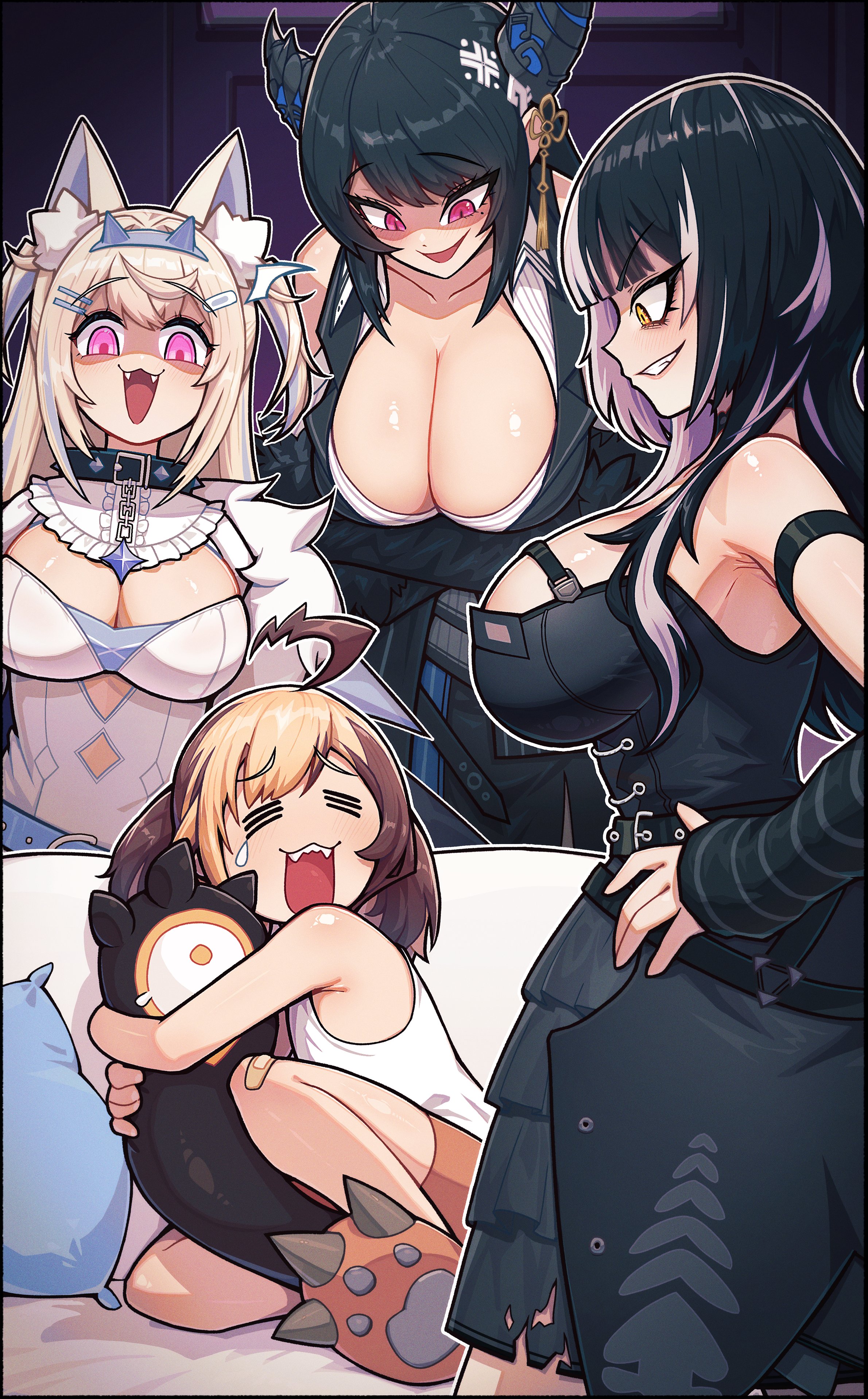 = =, 4girls, ahoge, animal ears, arm band, armpit peek, asymmetrical horns, band aid, black hair, blonde hair, blush, blushing, breast belt, breasts, broken horn, brown hair, button down shirt, button up shirt, caught, choker, cleavage, clothed female, collar, couch, dog ears, dress, elbow sleeve, fangs, fuwawa abyssgard, gigi murin, grin, hand on hip, holding tail, hololive, hololive english, hololive english -advent-, hololive english -justice-, horn headband, horns, huge breasts, jacket, kemonomimi, large breasts, long hair, looming over, lugiavn94, mouth open, multicolored hair, nerissa ravencroft, open shirt, pig tails, pillow, pink eyes, profile view, red eyes, scared, sharp teeth, shiori novella, short, side view, sideboob, skirt, small breasts, smile, standing over, surrounded, surrounded by women, tail eye, tail marking, tank top, tear, vest, virtual youtuber, white hair, yellow eyes