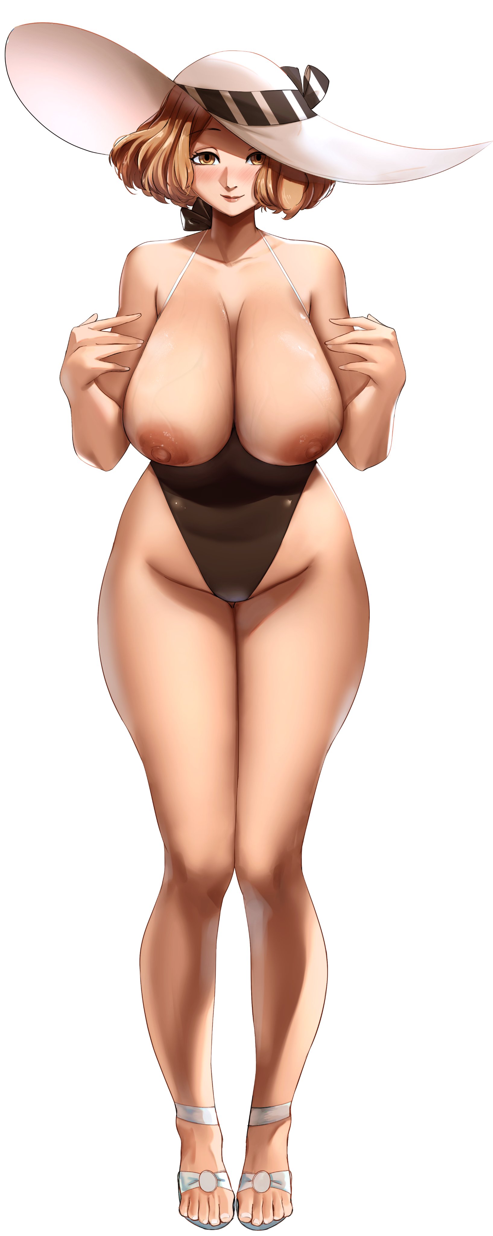 areolae, big hat, blush, blushing at viewer, breasts, breasts out, brown eyes, brown hair, clavicle, erect nipples, feet, haru okumura, hat, hips, hips wider than shoulders, large areolae, large breasts, looking at viewer, nipples, nude, one-piece swimsuit, persona, persona 5, sagging breasts, sandals, shoulders, summer, swimsuit, thick thighs, thighs, thighs bigger than head, thighs together, veiny breasts, wide hips, xiiicaelum