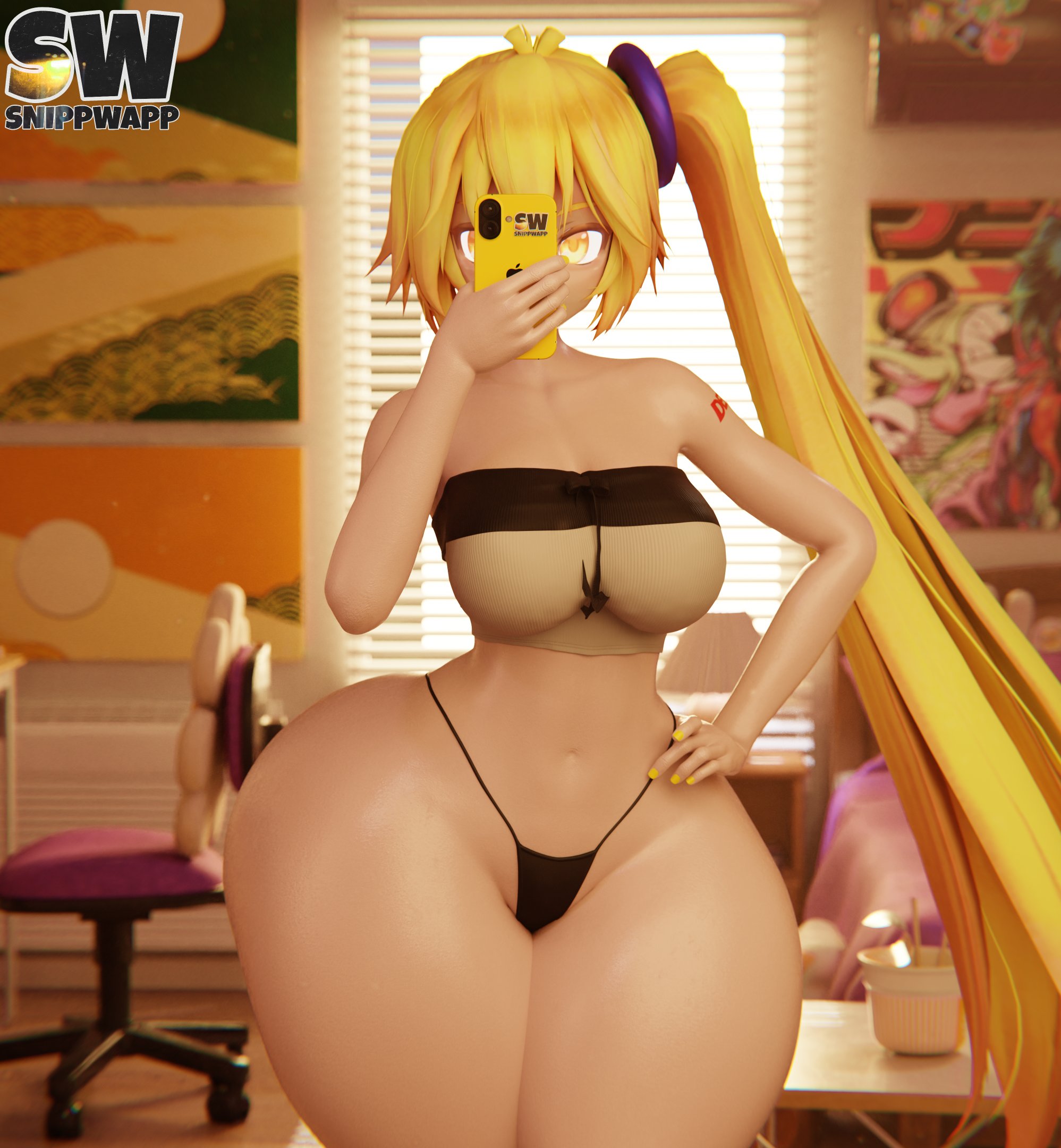 3d, akita neru, blonde hair, long hair, side ponytail, snippwapp, thick thighs