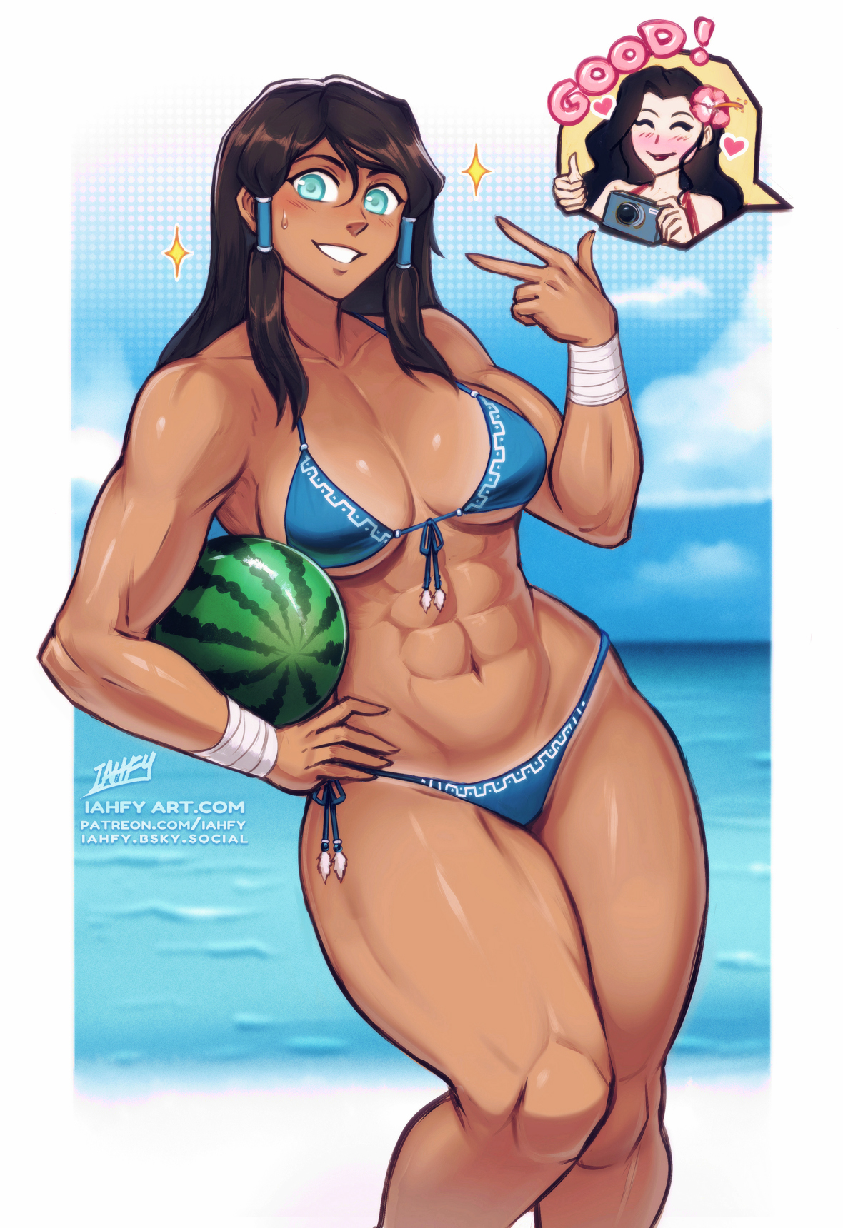 2girls, abs, asami sato, avatar legends, beach, bikini, blue eyes, clothing, dark skin, dark-skinned female, female, female focus, female only, hair ornament, human, iahfy, korra, long hair, looking at viewer, melon, muscular, muscular female, nonsexual, photo, smile, smiling, swimwear, the legend of korra, thick thighs, thighs, v sign, watermelon, yuri