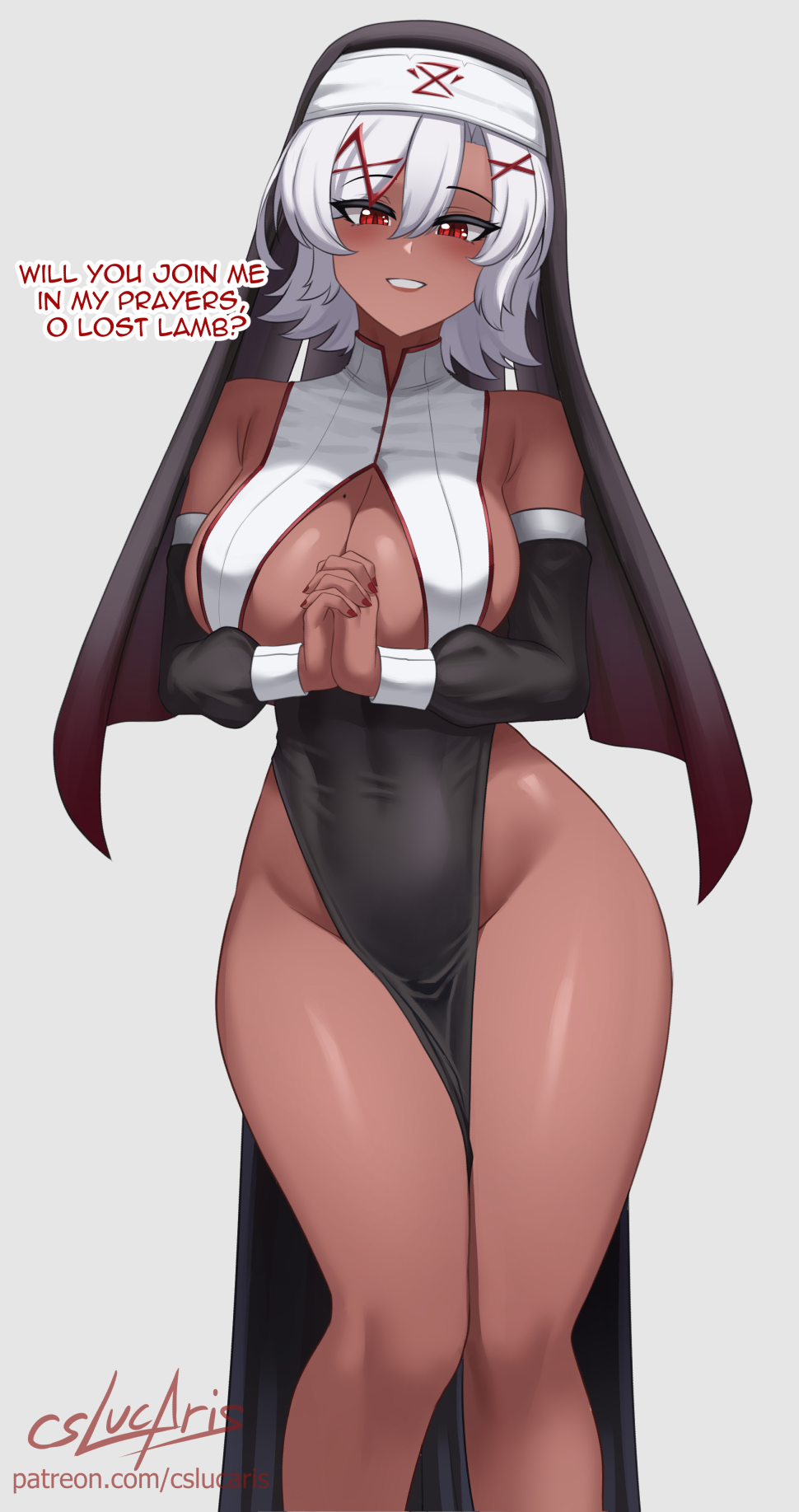 1girls big_breasts birthmark breasts cleavage cleavage_cutout cslucaris dark_skinned_female english_text grey_background hands_clasped hands_together looking_at_viewer lucille_(cslucaris) nun_headdress nun_outfit open_mouth original speech_bubble thick_thighs white_hair wide_hips