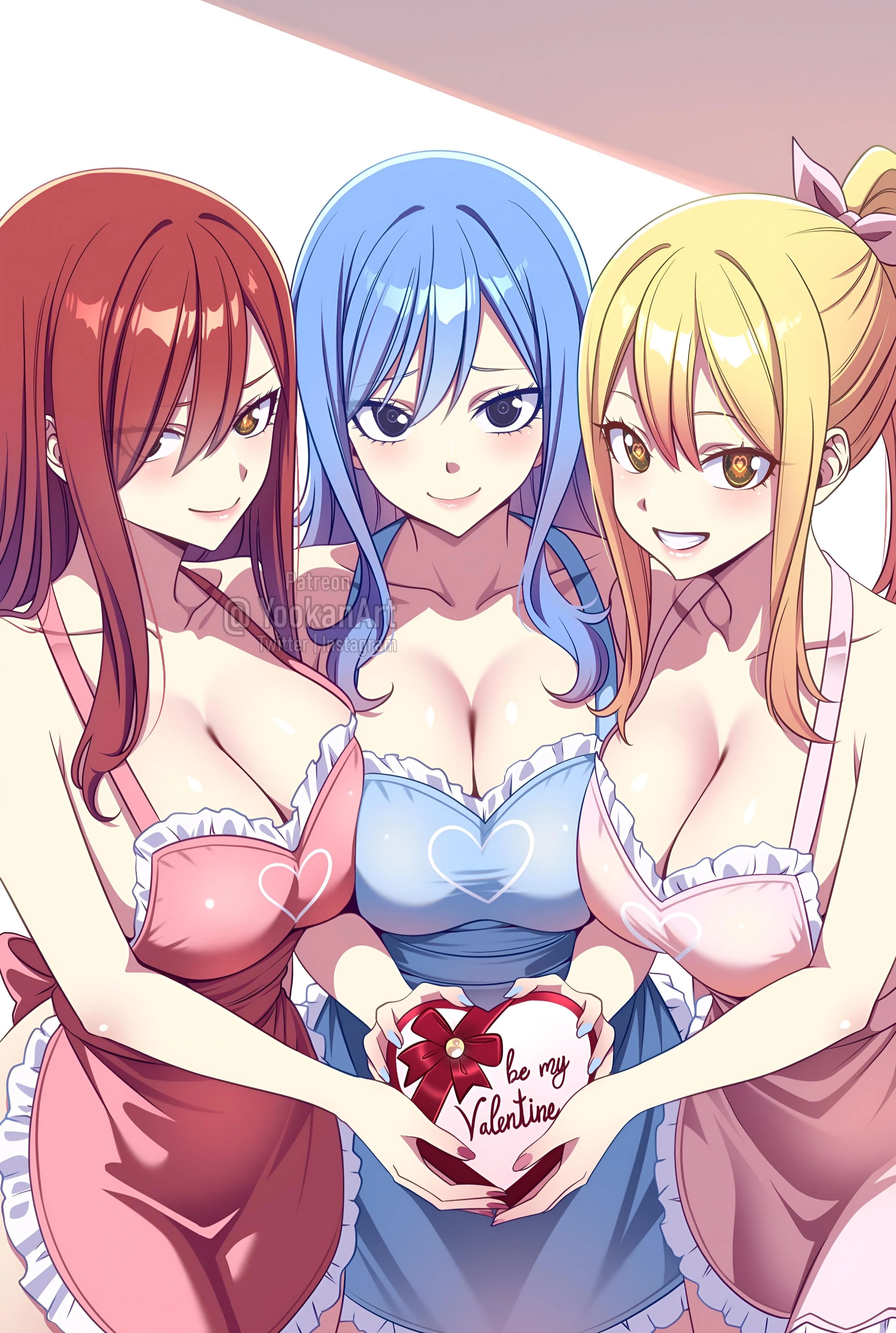 3girls, blonde hair, blue hair, chocolate, erza scarlet, fairy tail, female only, juvia lockser, long hair, lucy heartfilia, multiple girls, naked apron, red hair, yookanart