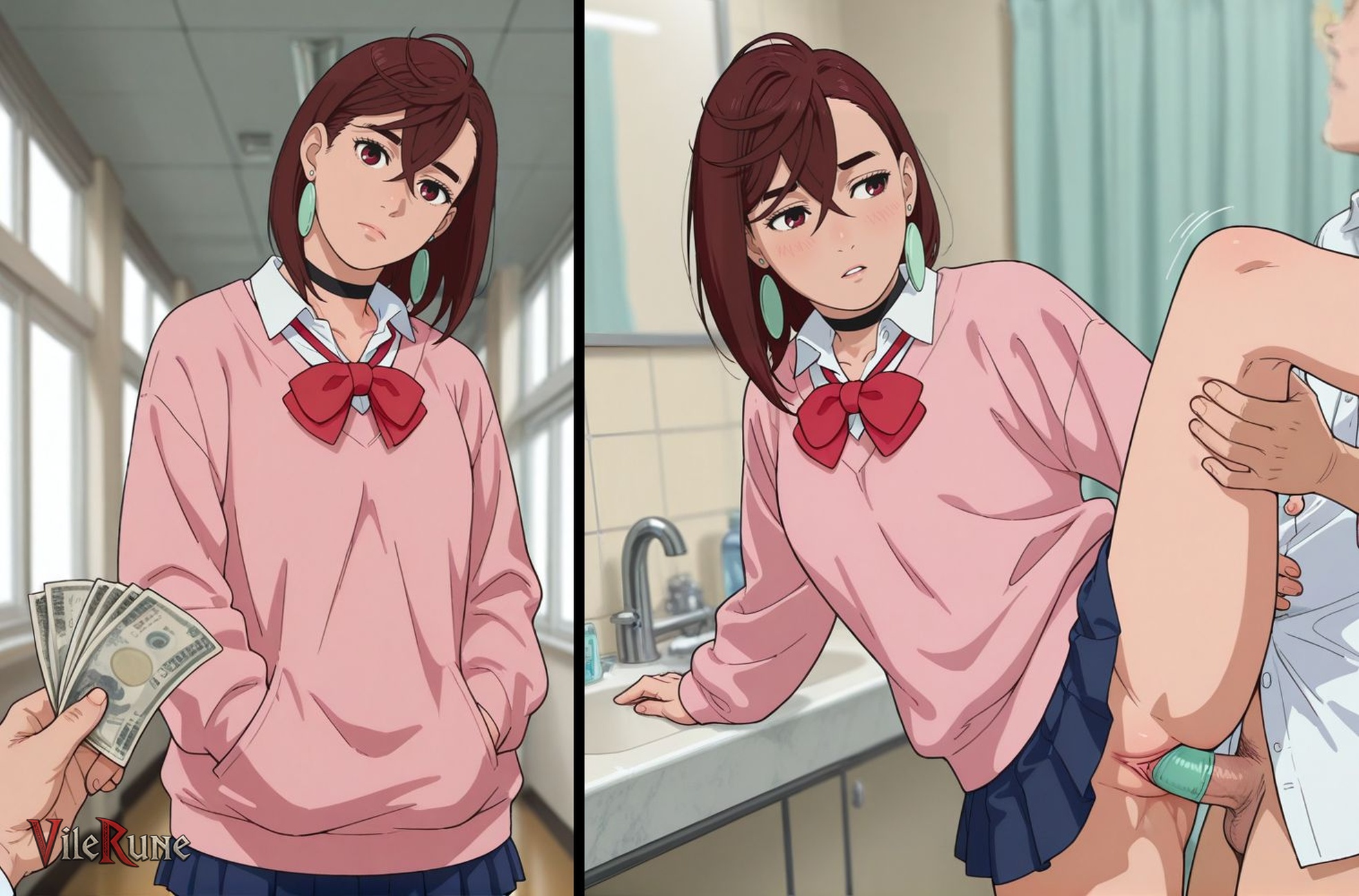 1boy, 1girl, ai generated, asymmetrical bangs, ayase momo, bathroom, black choker, blue skirt, blush, bottomless, brown hair, closed mouth, collared shirt, condom on penis, cowboy shot, dandadan, earrings, expressionless, hair between eyes, hands in pockets, head tilt, hetero, indoors, looking at viewer, medium hair, miniskirt, money, motion lines, one leg up, pink sweater, pleated skirt, prostitution, pussy, red bowtie, red eyes, school, solo, solo focus, standing sex, vaginal, vilerune, white shirt