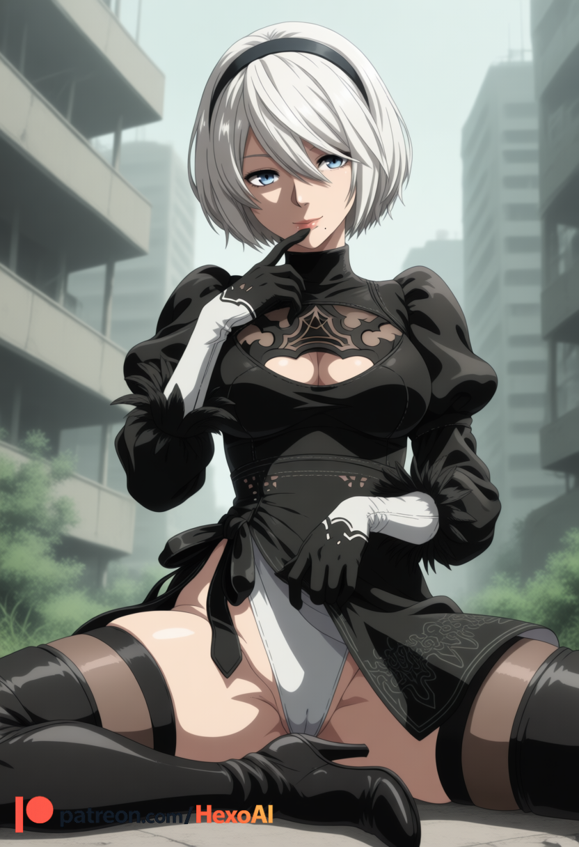 1girl 2b_(nier:automata) ai_generated artist_name black_blindfold black_dress black_footwear black_gloves black_hairband black_thighhighs blue_eyes boots breasts building cameltoe cleavage cleavage_cutout clothes_lift clothing_cutout dress feather-trimmed_sleeves finger_to_mouth gloves hair_between_eyes hairband hexogen high_heel_boots high_heels highleg highleg_leotard juliet_sleeves leotard long_sleeves looking_at_viewer medium_breasts mole mole_under_mouth nier nier:_automata nier_(series) no_blindfold outdoors patreon_username puffy_sleeves short_hair side_slit sitting solo thigh_boots thighhighs thighhighs_under_boots thighs turtleneck vambraces white_hair white_leotard yorha_2b