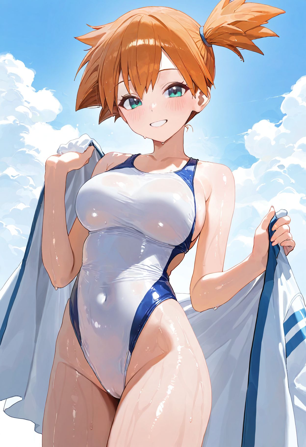 ai_generated aqua_eyes asymmetrical_hair bangs bare_shoulders blue_sky blush breasts cameltoe clavicle clothing cloud competition_swimsuit covered_navel day female female female_only green_eyes grin groin gym_leader highleg highleg_swimsuit holding holding_towel jacket kasumi_(pokemon) kasumi_(pokemon) large_breasts looking_at_viewer navel one-piece_swimsuit orange_hair outdoors pokemon pokemon_character pokemon_species ponytail shiny shiny_skin short_hair side_ponytail sky smile solo standing swimsuit tank_suit thick_thighs thighs tied_hair towel water wet wet_clothes wet_swimsuit white_jacket white_one-piece_swimsuit white_swimsuit