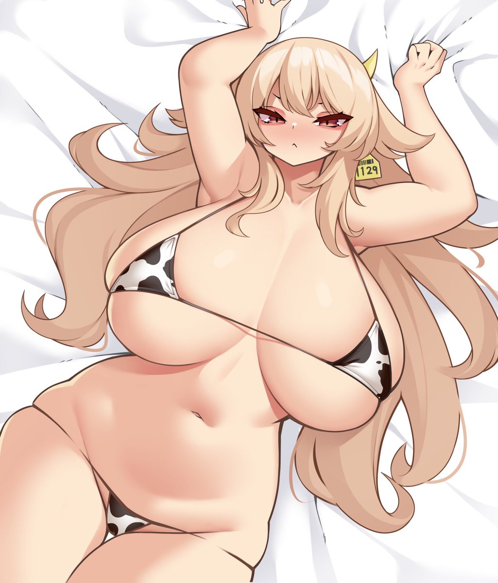 1girl armpits big_breasts bikini blonde_hair breasts cow_print cow_print_bikini female female_only funeralatshacco huge_breasts large_breasts long_hair looking_at_viewer lying_on_back lying_on_bed navel orange_eyes pale-skinned_female pale_skin platinum_blonde_hair string_bikini thick_thighs thong voluptuous