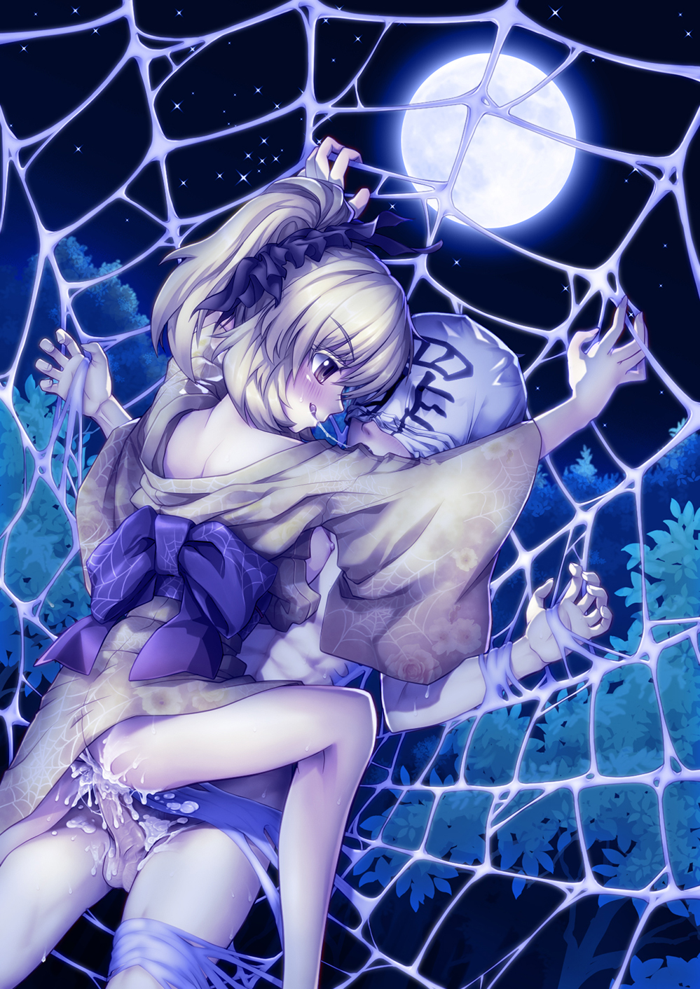 1boy after_sex arthropod_girl assertive_female black_bow blonde_hair blush bondage bound bow breasts clothed_female_nude_male cowgirl_position cum cum_in_pussy cum_on_ass cum_on_body cum_on_legs female forest full_moon hairbow highres japanese_clothes kimono kurodani_yamame licking_lips moon muchousha nature naughty_face night nipples nude obi orange_eyes penis sash sex silk sin_sack sky spider_girl spider_web star_(sky) starry_sky testicles tongue tongue_out touhou yellow_kimono yukata