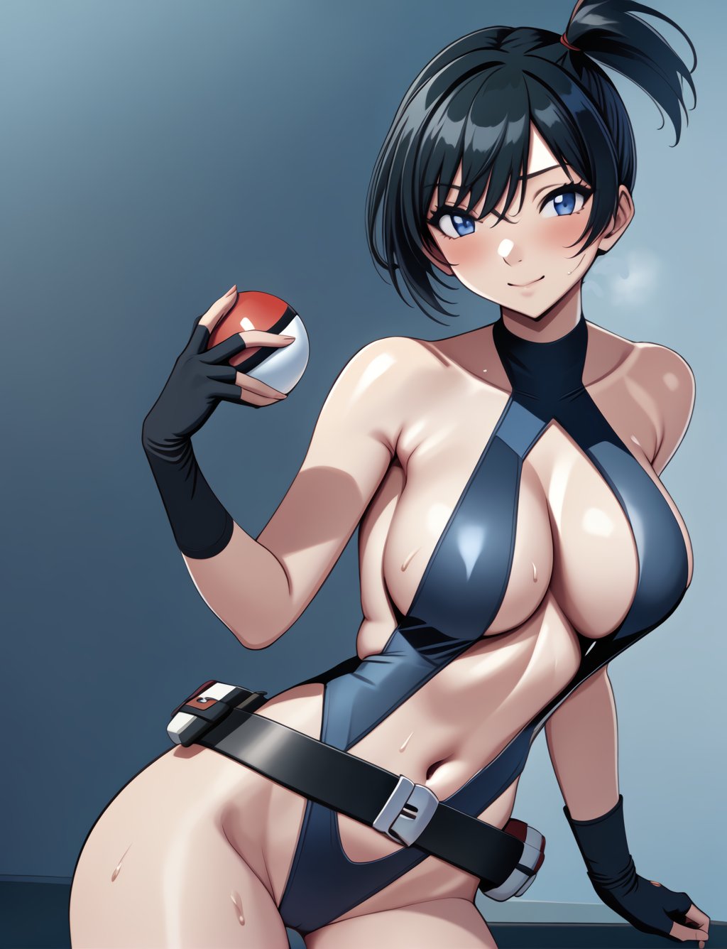 ai_generated asymmetrical_hair bangs bare_shoulders belt black_belt black_gloves black_hair blue_eyes blush breasts clavicle cleavage closed_mouth clothing covered_navel elbow_gloves female female_only fingerless_gloves gloves highleg holding holding_object holding_poke_ball kasumi_(pokemon) large_breasts leotard looking_at_viewer navel poke_ball pokemon pokemon_character ponytail shiny_skin short_hair side_ponytail smile solo standing sweat sweat_on_breasts sweat_on_stomach sweat_on_thighs swimsuit the_electric_tale_of_pikachu thick_thighs thighs tied_hair wide_hips