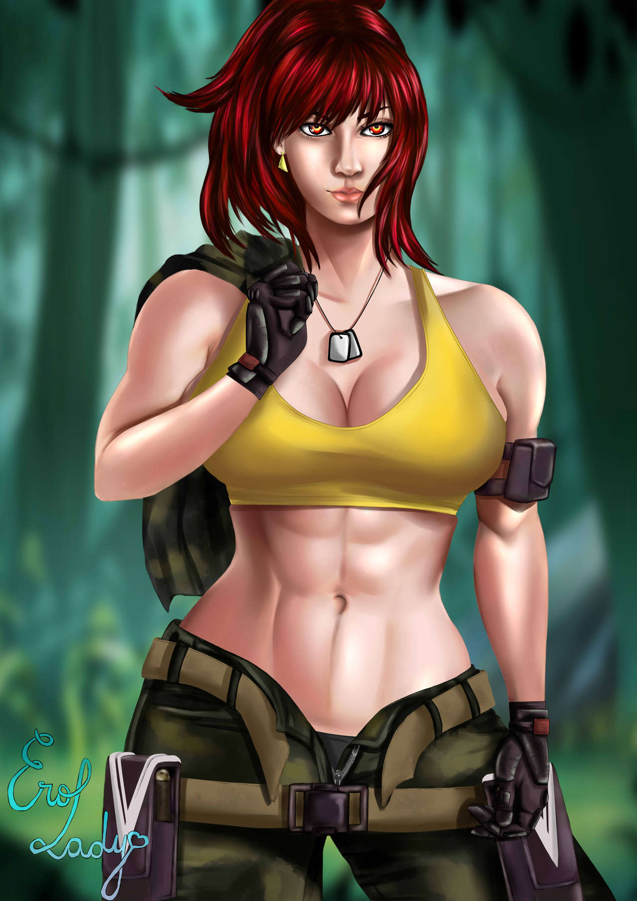 1girls athletic athletic_female big_breasts breasts busty clothed collar earrings erolady female gloves huge_breasts king_of_fighters leona_heidern light-skinned_female light_skin long_hair military military_clothing military_uniform nature nature_background necklace panties pants red_eyes red_hair seductive_look standing tank_top thick_thighs thighs tied_hair toned toned_female undressing voluptuous voluptuous_female wide_hips yellow_eyes