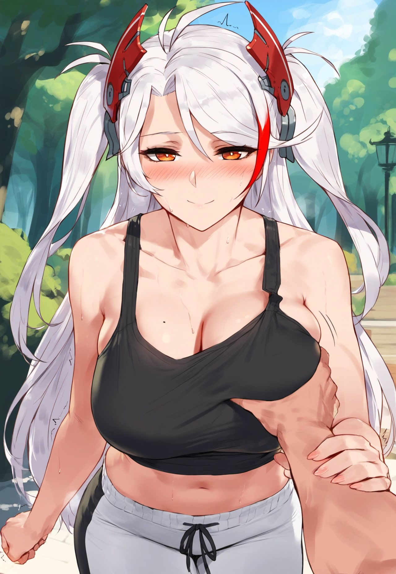 1boy, 1girls, ai generated, azur lane, blush, breasts, crop top, female, groping, groping breast, male, mole on breast, park, prinz eugen (azur lane), public, yoga pants