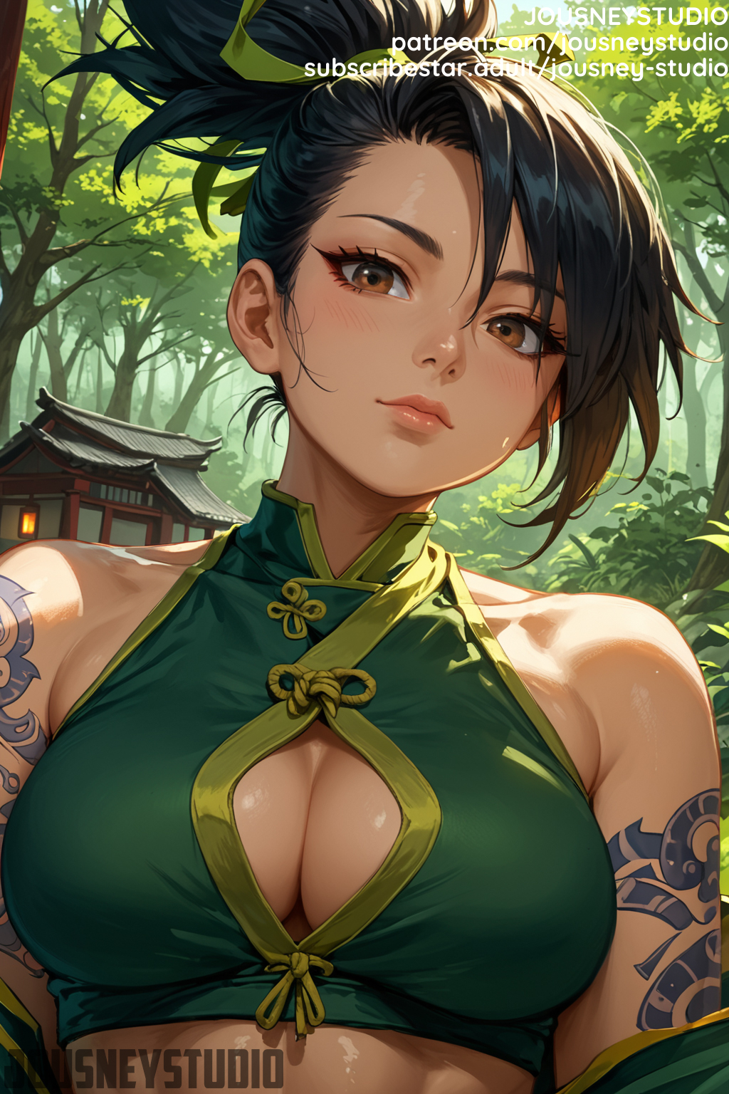 ai_generated akali akali_(league_of_legends) architecture arm_tattoo bangs bare_shoulders black_hair blush breasts brown_eyes cleavage cleavage_cutout closed_mouth clothing clothing_cutout crop_top day east_asian_architecture english_text female female female_only forest green_ribbons green_shirt hair_ribbon jewelry jousneystudio large_breasts league_of_legends lips long_hair looking_at_viewer midriff nature navel outdoors ponytail ribbon shoulder_tattoo sleeveless smile solo tattoo tied_hair tree upper_body