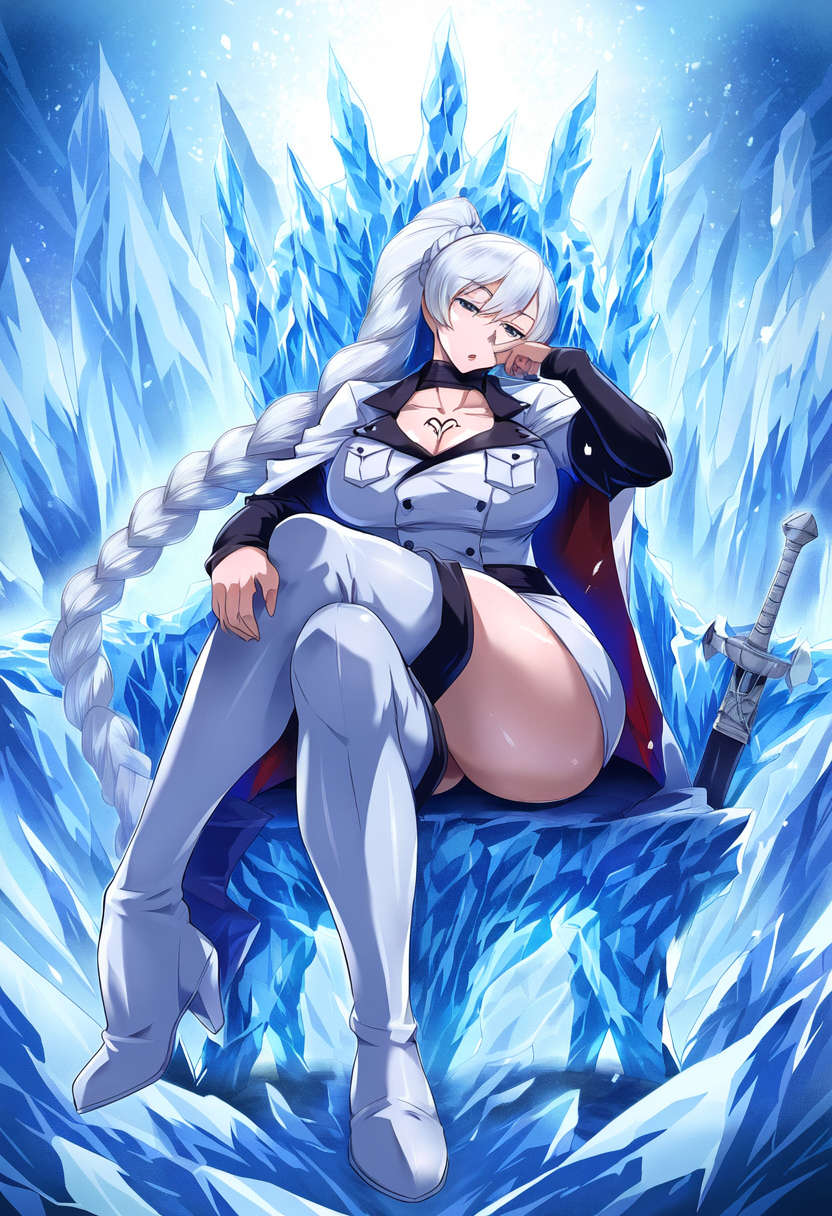 1girl ai_generated akame_ga_kill! blue_eyes boots braid braided_ponytail choker cleavage cosplay crossed_legs devilart esdeath_(akame_ga_kill!) large_breasts military_uniform ponytail rwby side_ponytail sitting tattoo tattoo_on_chest thick_thighs thigh_boots throne weiss_schnee white_clothing white_hair