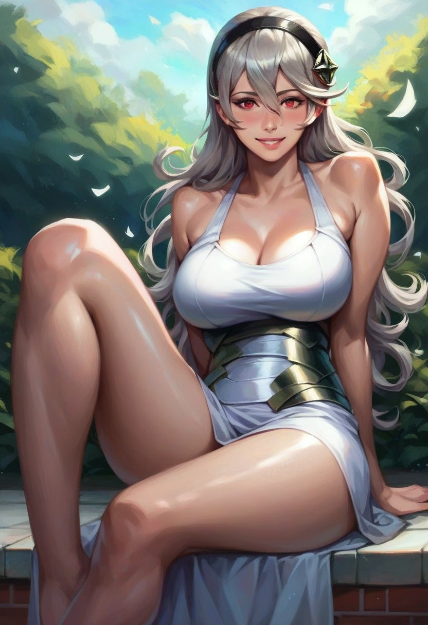 1girls 2024 2024s ai_generated blush corrin_(fire_emblem) corrin_(fire_emblem)_(female) dress female female female_only fire_emblem fire_emblem_fates grey_hair hair_between_eyes human human_female human_only intelligent_systems light-skinned_female light_skin long_hair looking_at_viewer nai_diffusion nintendo sitting smile solo solo_female stable_diffusion thick_thighs video_game video_game_character video_games white_dress white_hair