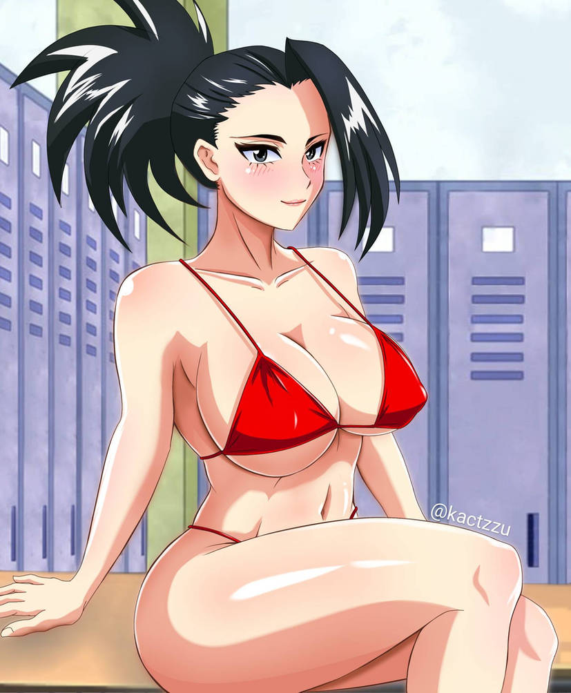 1girls belly_button big_breasts bikini black_eyes black_hair breasts closed_mouth female female_focus female_only fit_female kactzzu locker_room long_hair looking_at_viewer momo_yaoyorozu my_hero_academia navel ponytail red_bikini smile solo solo_female solo_focus sweat swimsuit thick_thighs