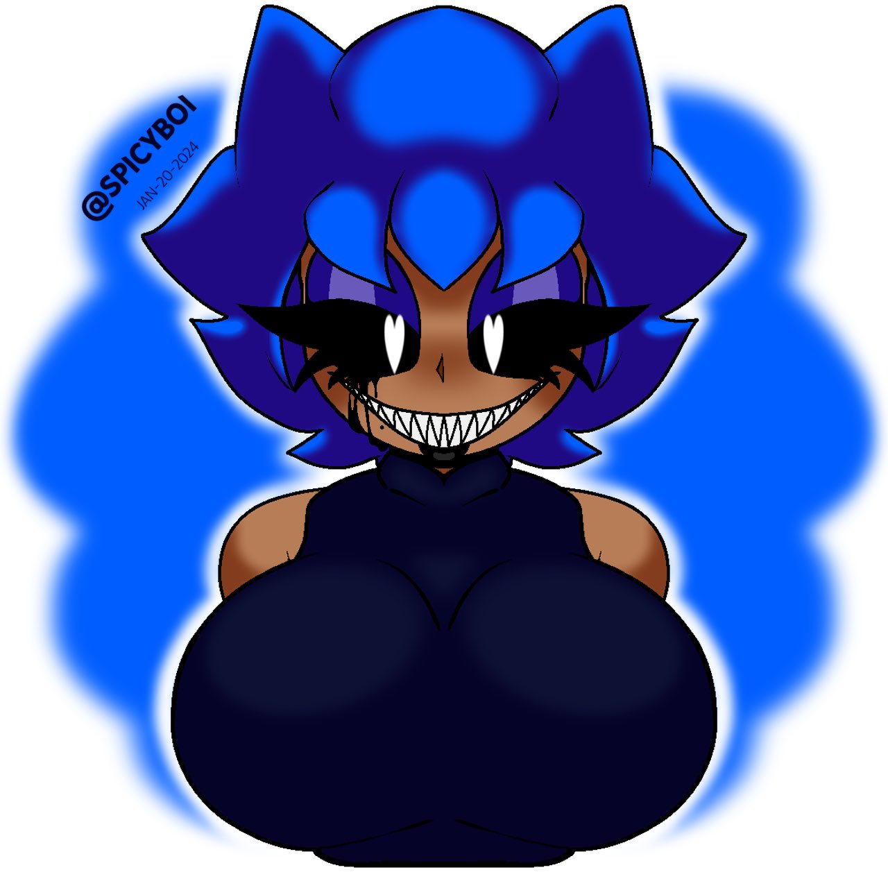 big_breasts blue_hair brown_skin fanon looking_at_viewer sonic.exe_(series) sonic_(series) spicyboi wearing_clothes