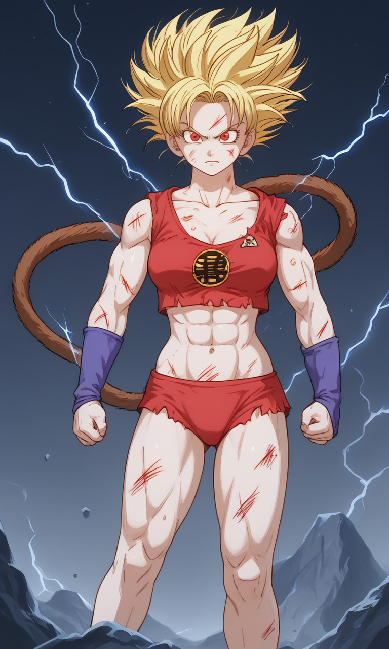 abs ai_generated blonde_hair dragon_ball dragon_ball_super dragon_ball_z female midriff muscular muscular_female navel original_character red_eyes saiyan saiyan_girl saiyan_tail spiked_hair super_saiyan tail torn_clothes