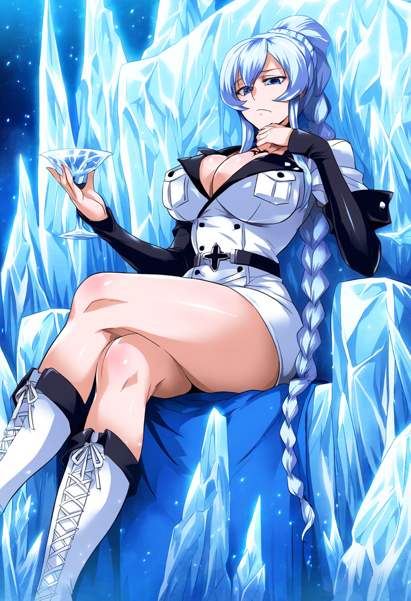 1girl ai_generated akame_ga_kill! big_breasts blue_eyes boots braid braided_ponytail cleavage devilart esdeath_(akame_ga_kill!) large_breasts looking_at_viewer military_uniform ponytail rwby side_ponytail thick_thighs weiss_schnee white_clothing white_hair