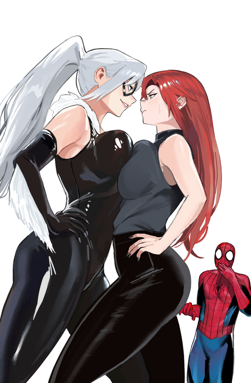 1boy2girls ass avengers black_cat_(marvel) carol dark_skin dominant_female dominant_male felicia_hardy gwen harem jessica kamala kissing male/female mantis marvel marvel_comics mary_jane_watson nerd nude peter_parker red romantic_couple spider-man spider-man_(series) superheroine villain