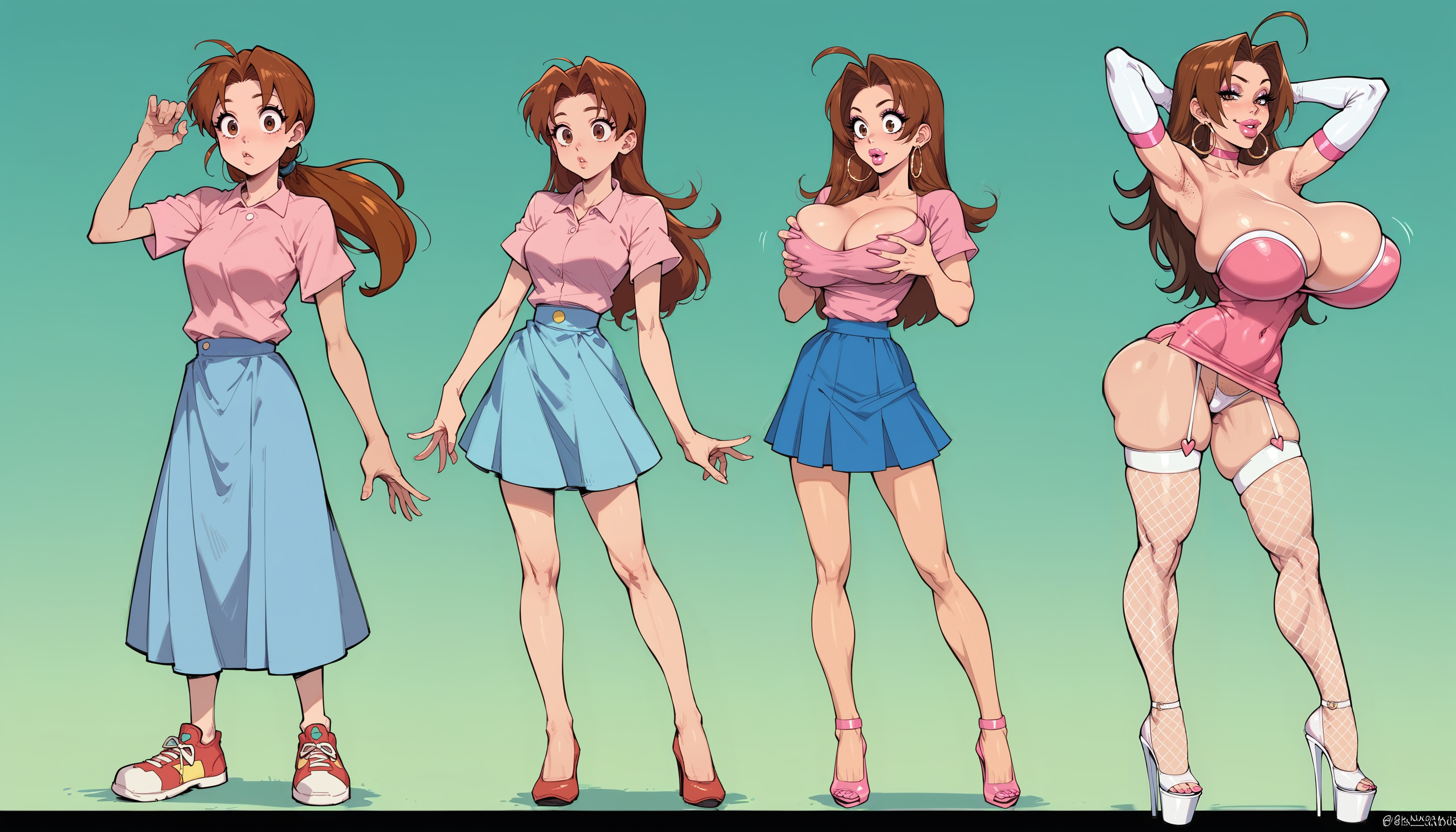 ai generated, ass, ass expansion, bimbo, bimbo body, bimbofication, bimbofied, breast expansion, breast growth, breast growth (enlargement), breasts, delia ketchum (pokemon), fdpdablizzard998, female, fishnets, hair color change, hair growth, high heels, large ass, large breasts, lip expansion, midriff, nails painted, navel, platform heels, pokemon, thick thighs, thigh expansion, transformation, transformation sequence, wide hips