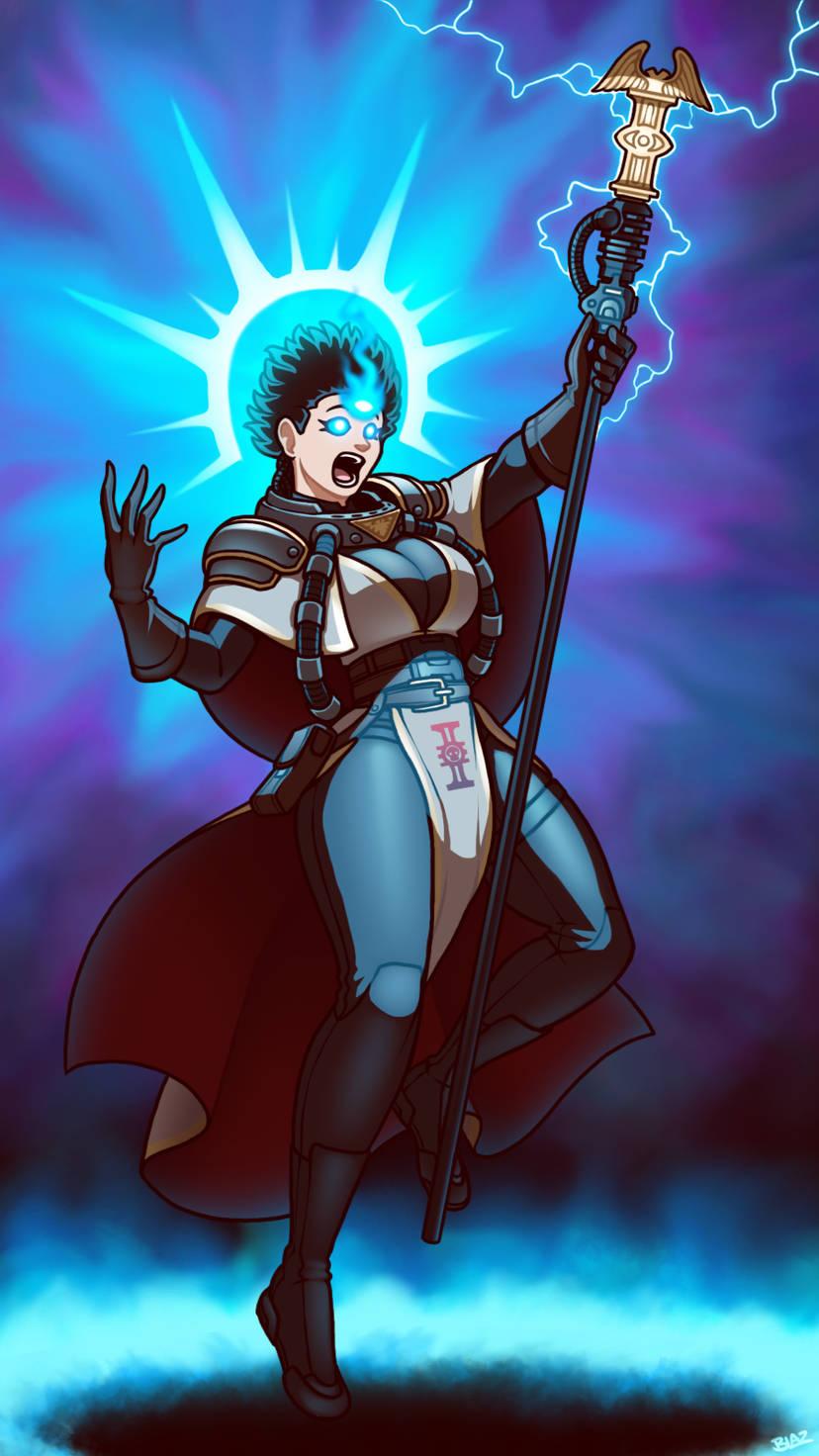 1girls aquila_(symbol) belt big_ass black_hair blazbaros blue_eyes blue_fire blue_flame blue_flames cable cables cape cloak darktide female female_only fire flame flames floating full_body full_body_suit fully_clothed gloves glowing glowing_blue_eyes glowing_eyes hort_hair hourglass_figure hovering imperium_of_man latex lightning loincloth navigator_(warhammer) psychic psychic_energy psychic_powers psyker shouting skin_tight skin_tight_suit solo solo_female solo_focus staff suit thick_thighs third_eye tube tubes warhammer_(franchise) warhammer_40k wide_hips wire wires