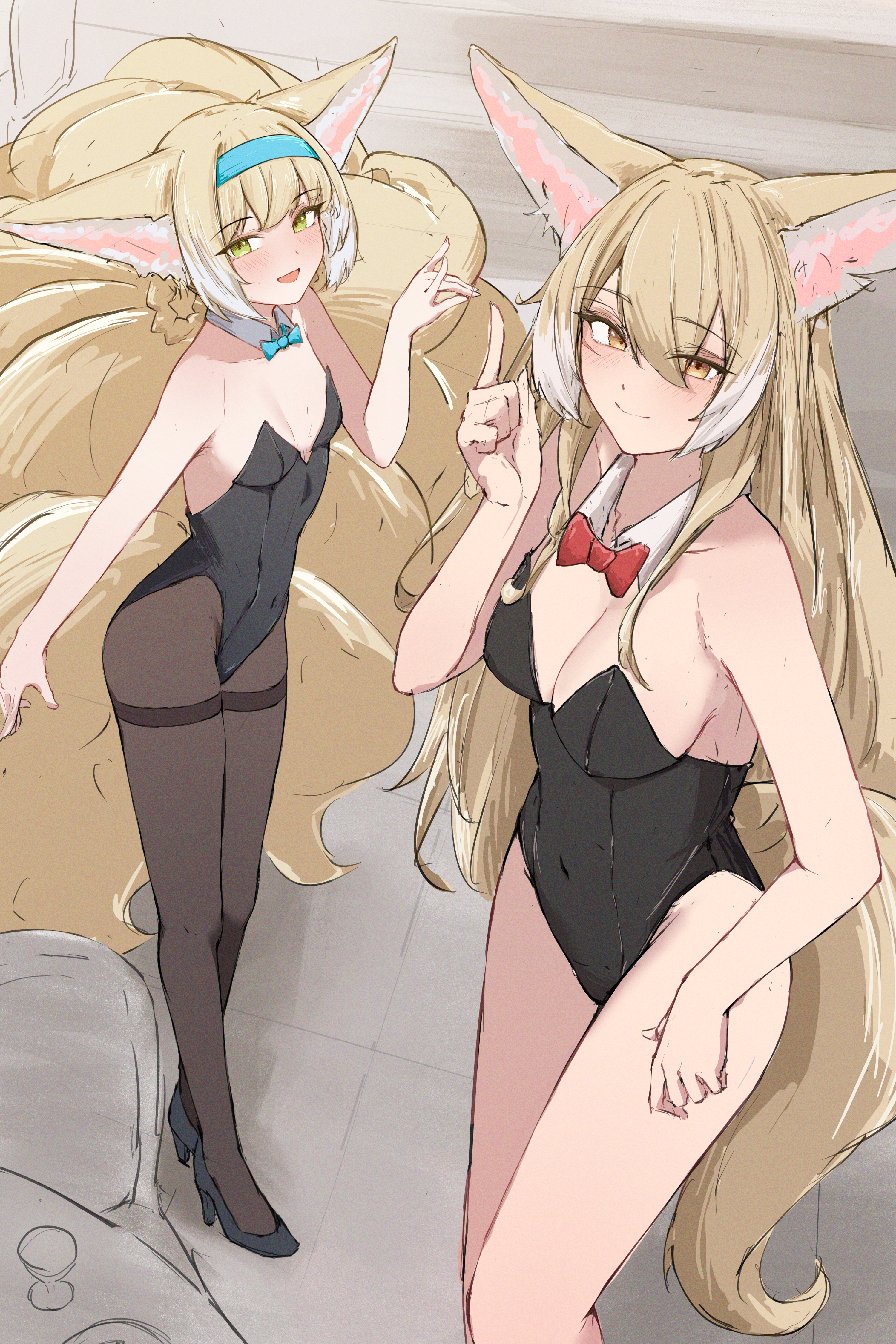 2girls, animal ears, arknights, bangs, barefoot, big breasts, big ears, black high heels, black legwear, black pantyhose, blonde hair, blush, bowtie, breasts, bunnysuit, cleavage, collar, eyelashes, female, female only, flat chest, green eyes, hair between eyes, hairband, half-closed eyes, high heels, highres, kemonomimi, legs, legwear, leotard, light skin, light-skinned female, looking at viewer, mother and daughter, multi tail, navel visible through clothes, older female, open mouth, pantyhose, seductive, small breasts, smile, standing, suzuran (arknights), tail, tails, tied hair, vulpisfoglia (arknights), yamorinano, yellow eyes, younger female