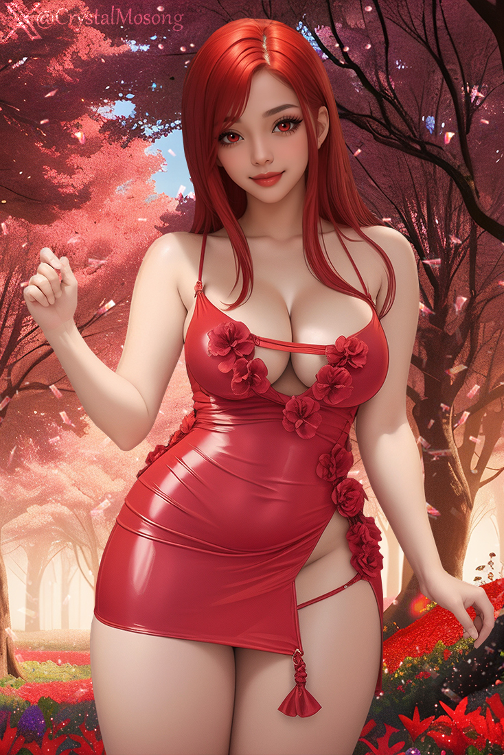 1girls ai_generated breasts curvy curvy_female dress flower looking_at_viewer minidress original red_eyes red_hair seductive shiny_skin solo_female solo_focus stable_diffusion voluptuous