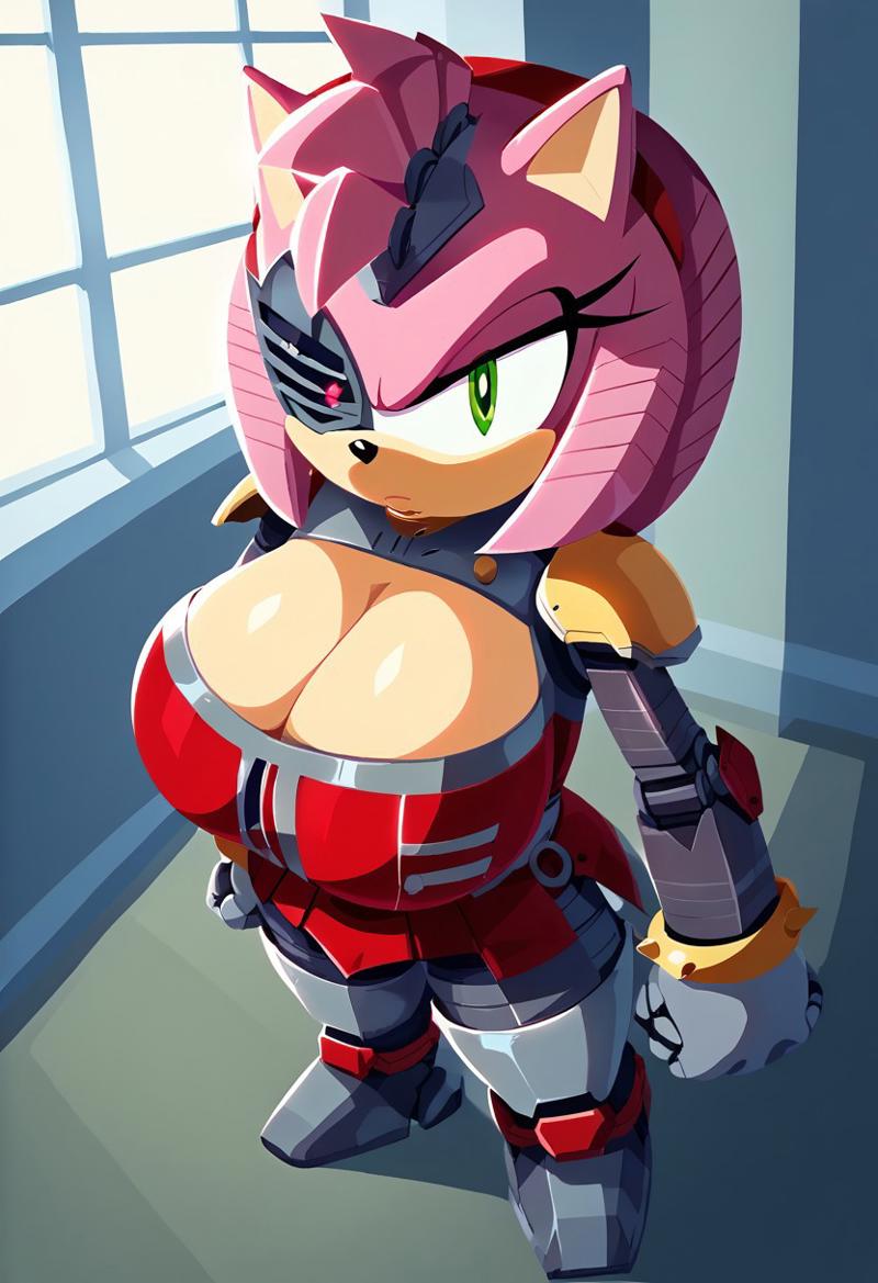 ai_generated amy_rose big_breasts cleavage cyborg female female_only green_eyes high-angle_view looking_at_viewer massive_breasts mobian_(species) pink_body pink_fur rusty_rose serious solo sonic_(series) sonic_prime sonic_the_hedgehog_(series)