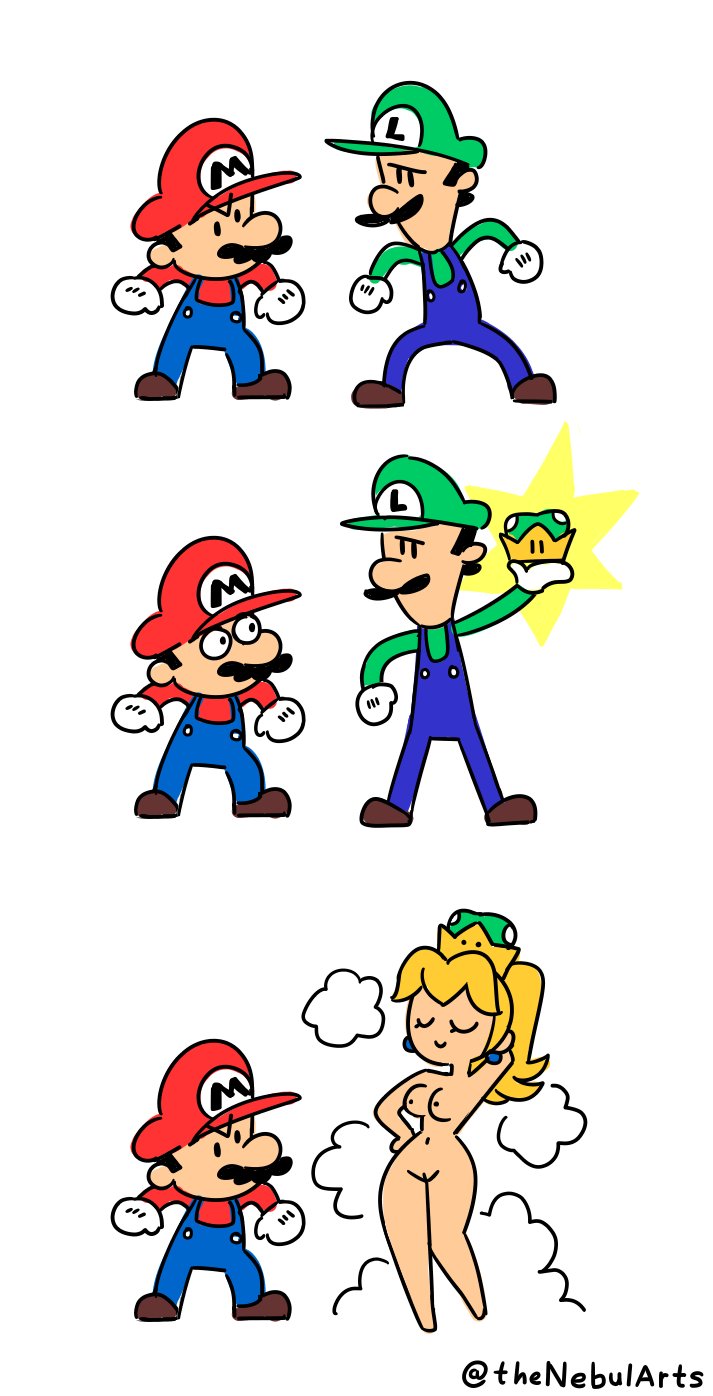 1girls 2boys blonde_hair blue_overalls breasts clothing crown duo facial_hair female genderswap_(mtf) gloves green_hat green_shirt hat human light-skinned_female light-skinned_male light_skin luigi luigiette male mario mario_(series) nebularts new_super_mario_bros._u_deluxe nintendo nipples nude_female nude_female_clothed_male ponytail pussy red_hat rule_63 shoes super_crown transformation white_background