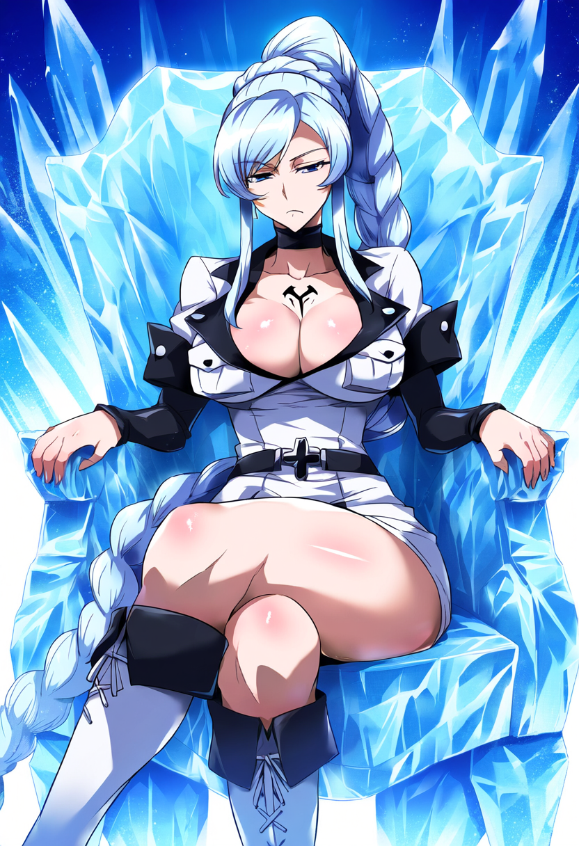 1girl ai_generated akame_ga_kill! big_breasts blue_eyes boots braid braided_ponytail choker cleavage cosplay devilart esdeath_(akame_ga_kill!) large_breasts looking_at_viewer military_uniform ponytail rwby side_ponytail tattoo tattoo_on_chest thick_thighs weiss_schnee white_clothing white_hair