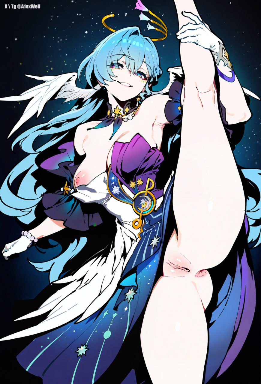 a1exwell ai_generated anus bottomless dress female honkai:_star_rail honkai_(series) legs_up mihoyo naughty_face nipple_slip one_breast_out pussy robin_(honkai:_star_rail) stable_diffusion standing_split