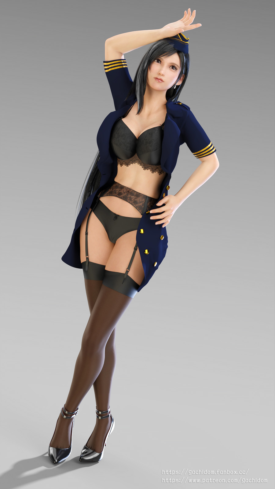 3d black_hair bra cap cleavage earrings fanbox_username final_fantasy final_fantasy_vii final_fantasy_vii_remake fit_female flight_attendant front_view gachidom garter_belt garter_straps hand_on_hip high_heels jacket_open lace lace-trimmed_bra lace_trim lingerie open_uniform panties patreon_username posing red_eyes ribbon simple_background standing stockings thighhighs tifa_lockhart uniform url very_long_hair white_background