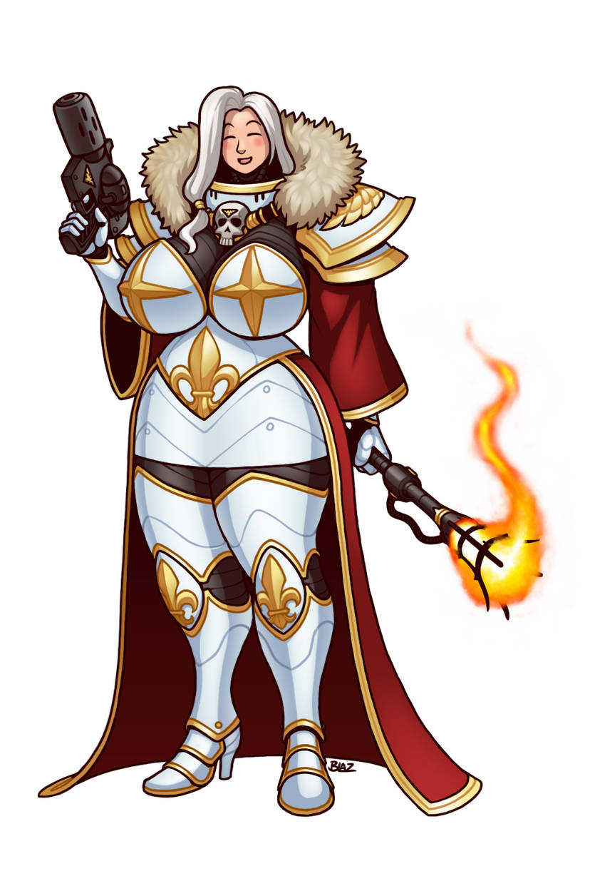 1girls adepta_sororitas armor armored_female big_ass big_breasts blazbaros blush breasts_bigger_than_head cape cloak closed_eyes dress female female_only fire flame flamethrower fleur-de-lis fleur-de-lis_(symbol) fur_trim gold_(metal) gold_jewelry gun hair_ornament heels imperium_of_man long_hair nun order_of_the_sacred_rose pistol power_armor robe shoulder_pads sister_of_battle skull skull_ornament smile smiling solo solo_female solo_focus thick_thighs torch warhammer_(franchise) warhammer_40k white_background white_hair wide_hips