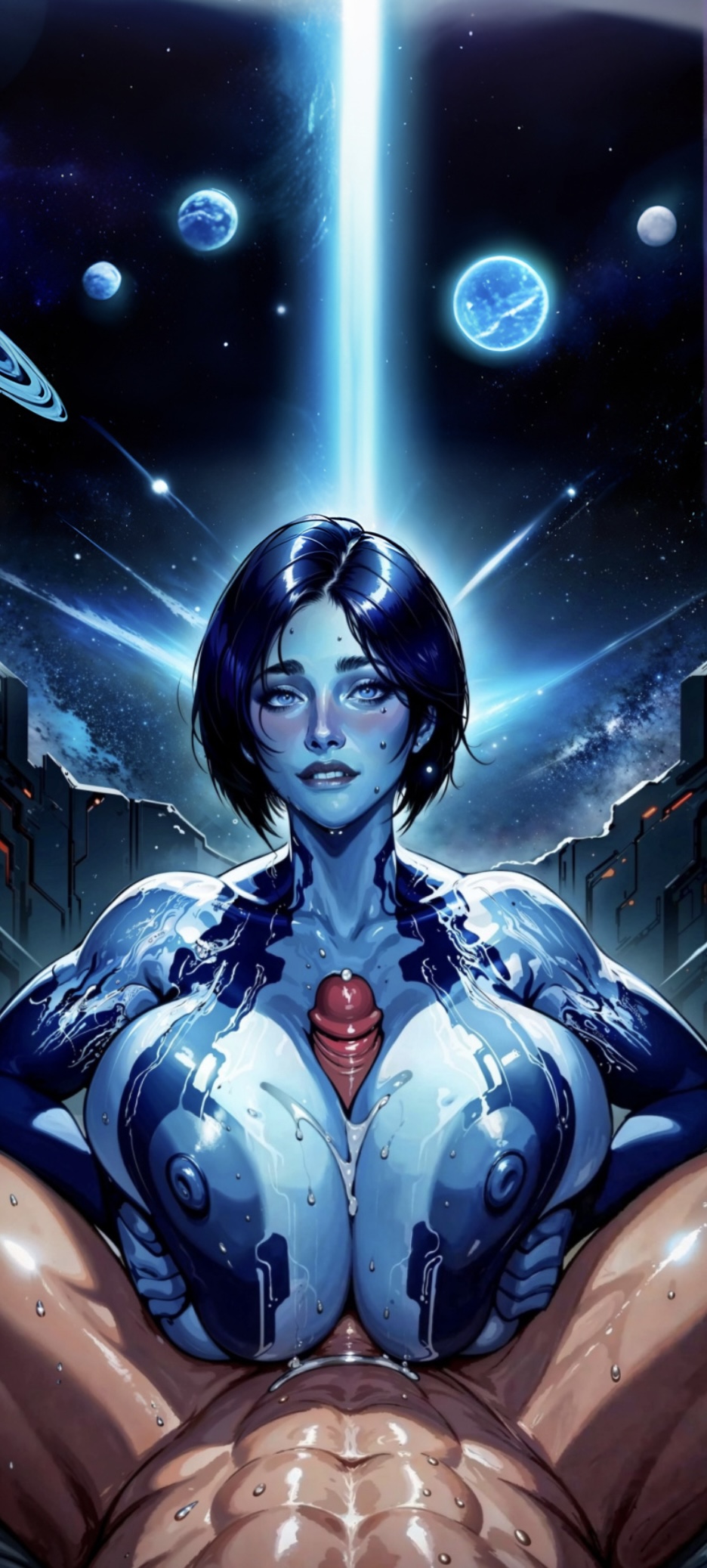 ai_generated blue_eyes blue_hair blue_skin blush cortana female halo_(game) halo_(series) joetest massive_breasts planet space spaceship titjob upscale wallpaper