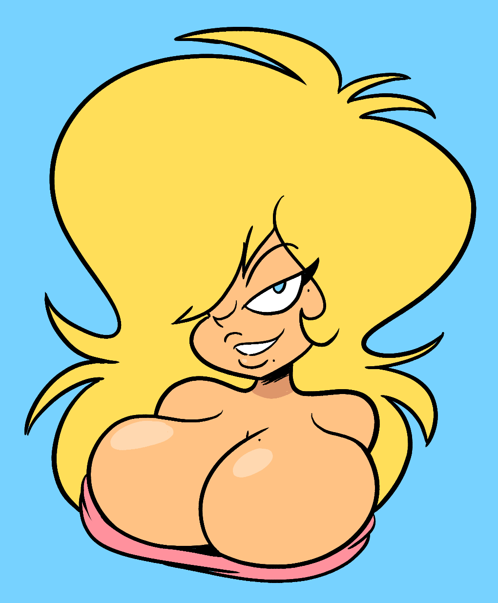 1girls 2023 beauty_mark big_breasts big_lips blonde_hair blue_eyes cute female jeans looking_at_viewer marina_williams mole mole_on_breast mole_under_mouth oboithisisfunky one_eye_covered original_character pink_t-shirt solo t-shirt tagme tan tanned tanned_female tanned_skin