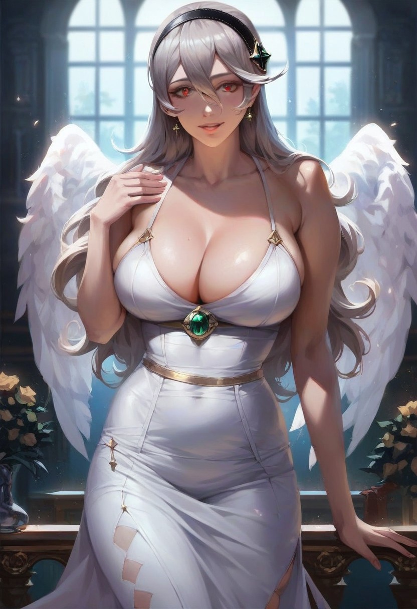 1girls 2024 2024s ai_generated angel angel_wings big_breasts black_hairband breasts corrin_(fire_emblem) corrin_(fire_emblem)_(female) dress female female female_only fire_emblem fire_emblem_fates hair_between_eyes hairband human human_female human_only intelligent_systems light-skinned_female light_skin long_hair looking_at_viewer nai_diffusion nintendo red_eyes solo solo_female stable_diffusion standing video_game_character video_games white_dress white_hair wings