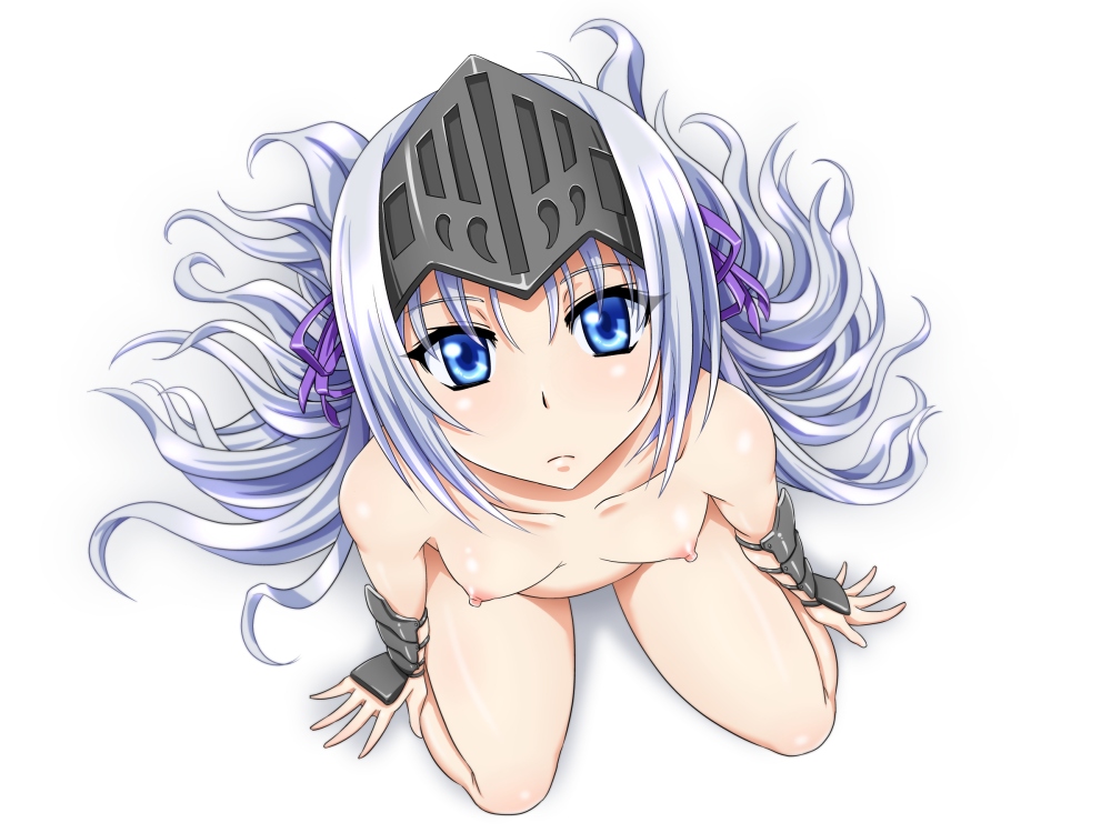 1girls blue_eyes bracer breasts eucliwood_hellscythe female female_only flat_chest gauntlets gloves hair_ribbon hat helm helmet kore_wa_zombie_desu_ka? long_hair looking_at_viewer necromancer nipples nude pointy_chin ribbon shikuta_maru silver_hair simple_background sitting solo vambraces very_long_hair visor_(armor)