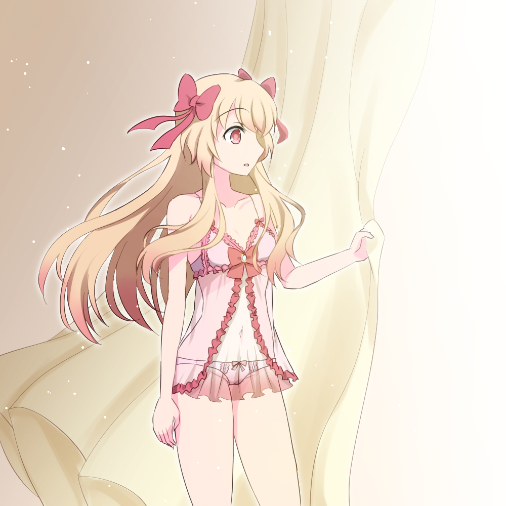 alternate_costume babydoll bare_arms bare_shoulders blonde_hair chaos_marie_(grimms_notes) collarbone curtain_grab curtains female gradient_hair grimms_notes hair_ribbon kaminaminamina multicolored_hair navel open_mouth pink_babydoll pink_eyes ribbon solo underwear