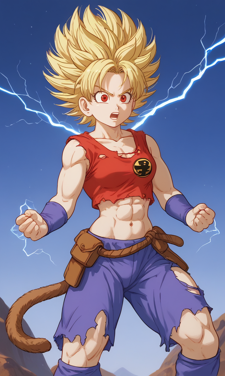 abs ai_generated blonde_hair dragon_ball dragon_ball_super dragon_ball_z female midriff muscular muscular_female navel original_character red_eyes saiyan saiyan_girl saiyan_tail spiked_hair super_saiyan tail torn_clothes