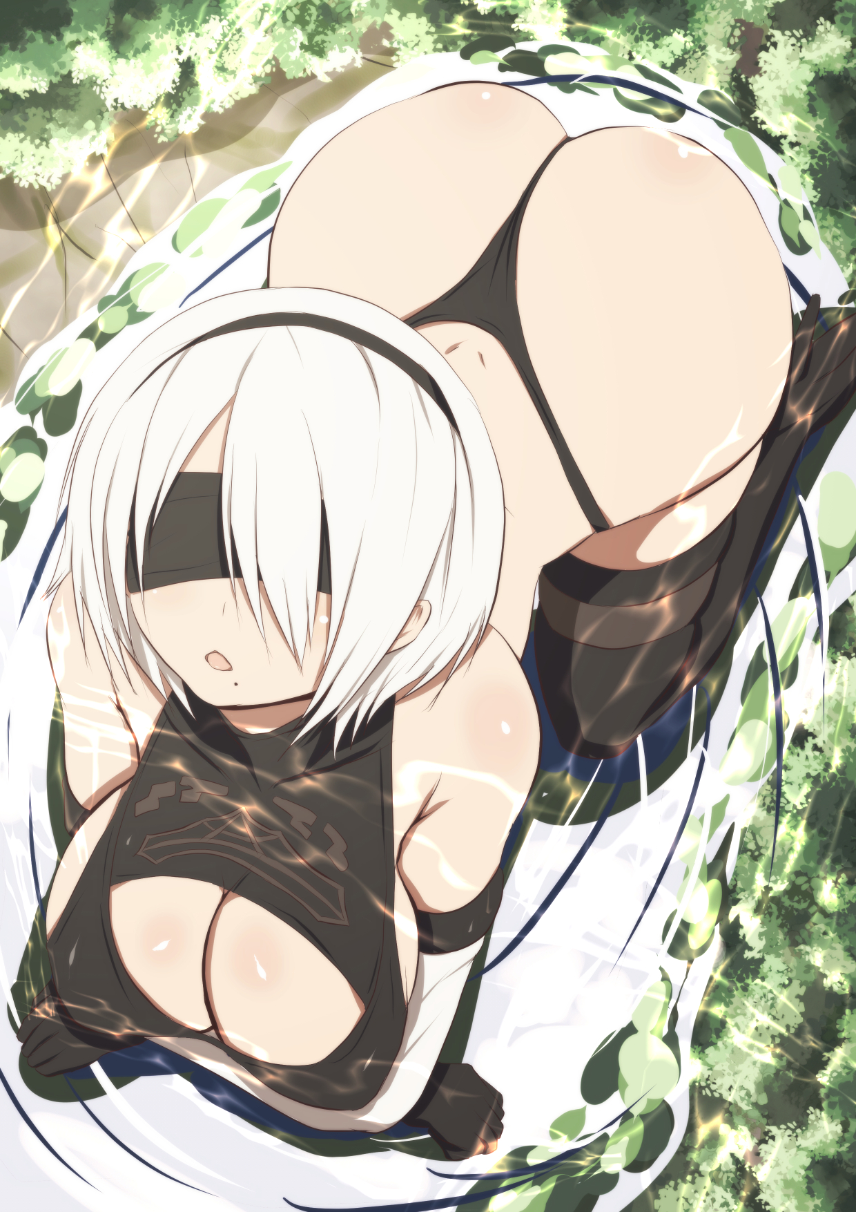 1girls, ass, big ass, big butt, bikini, blindfold, breasts, clothed, female, female only, kneehighs, kneeling, light skin, light-skinned female, looking up, nier, nier: automata, open mouth, pepejii, solo, thick thighs, water, white hair, yorha 2b