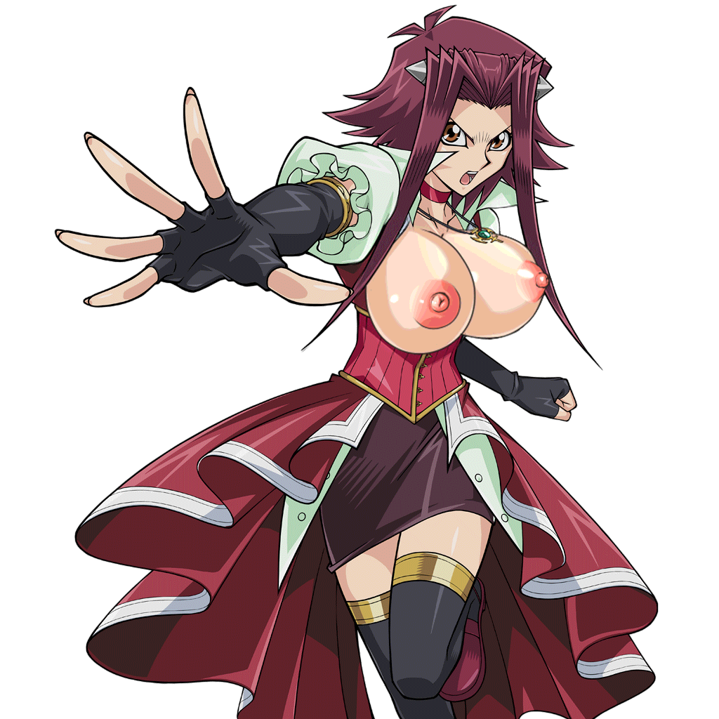 akiza_izinski big_breasts bimbo breasts breasts_out_of_clothes breasts_outside gigantic_breasts huge_breasts huge_nipples izayoi_aki large_breasts nipples red_hair topless yu-gi-oh! yu-gi-oh!_5d's