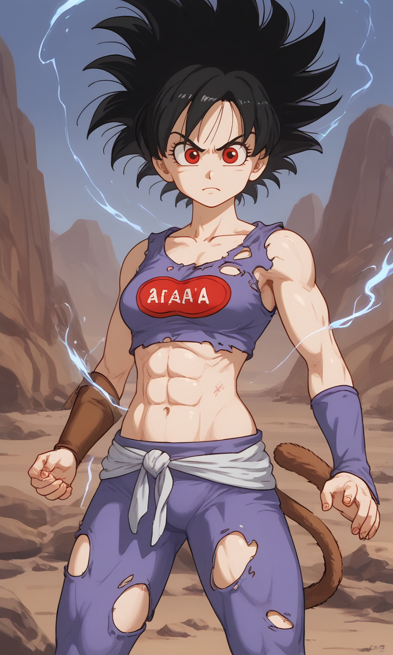 abs ai_generated black_hair dragon_ball dragon_ball_super dragon_ball_z female lightning midriff muscular muscular_female navel original_character red_eyes saiyan saiyan_girl saiyan_tail spiked_hair tail torn_clothes