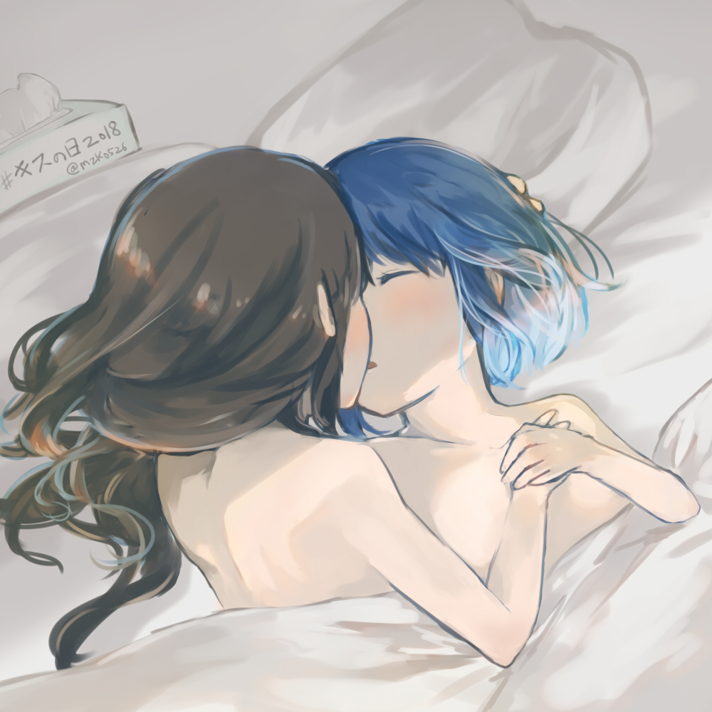 2girls akemi_homura bed black_hair blue_hair closed_eyes face-to-face female female_only hand_holding human kissing lesbian long_hair mahou_shoujo_madoka_magica miki_sayaka multiple_girls mzk_super nude on_bed short_hair sleeping tissue tissue_box under_covers yuri