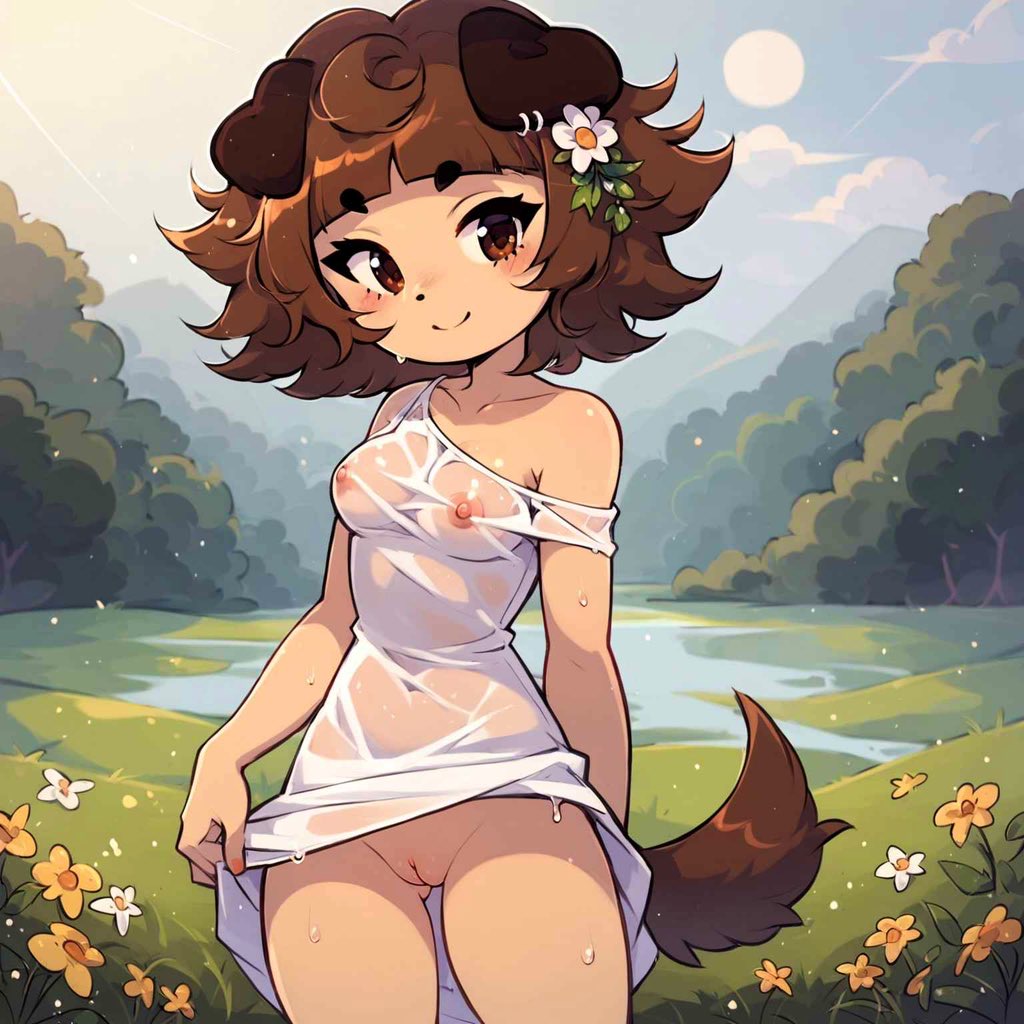 ai_generated brown_eyes brown_hair brown_tail dog_ears dog_girl mimi_(typh) see-through_dress typh white_dress