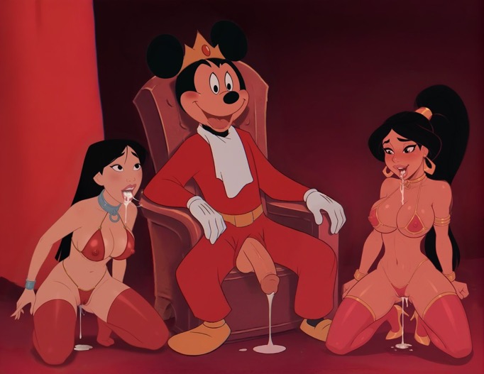 1boy 2girls after_fellatio ai_generated aladdin bikini blowjob crossover cum disney fa_mulan fdpdablizzard998 female human jasmine_aladdin male mickey_mouse mulan multiple_girls penis princess_jasmine