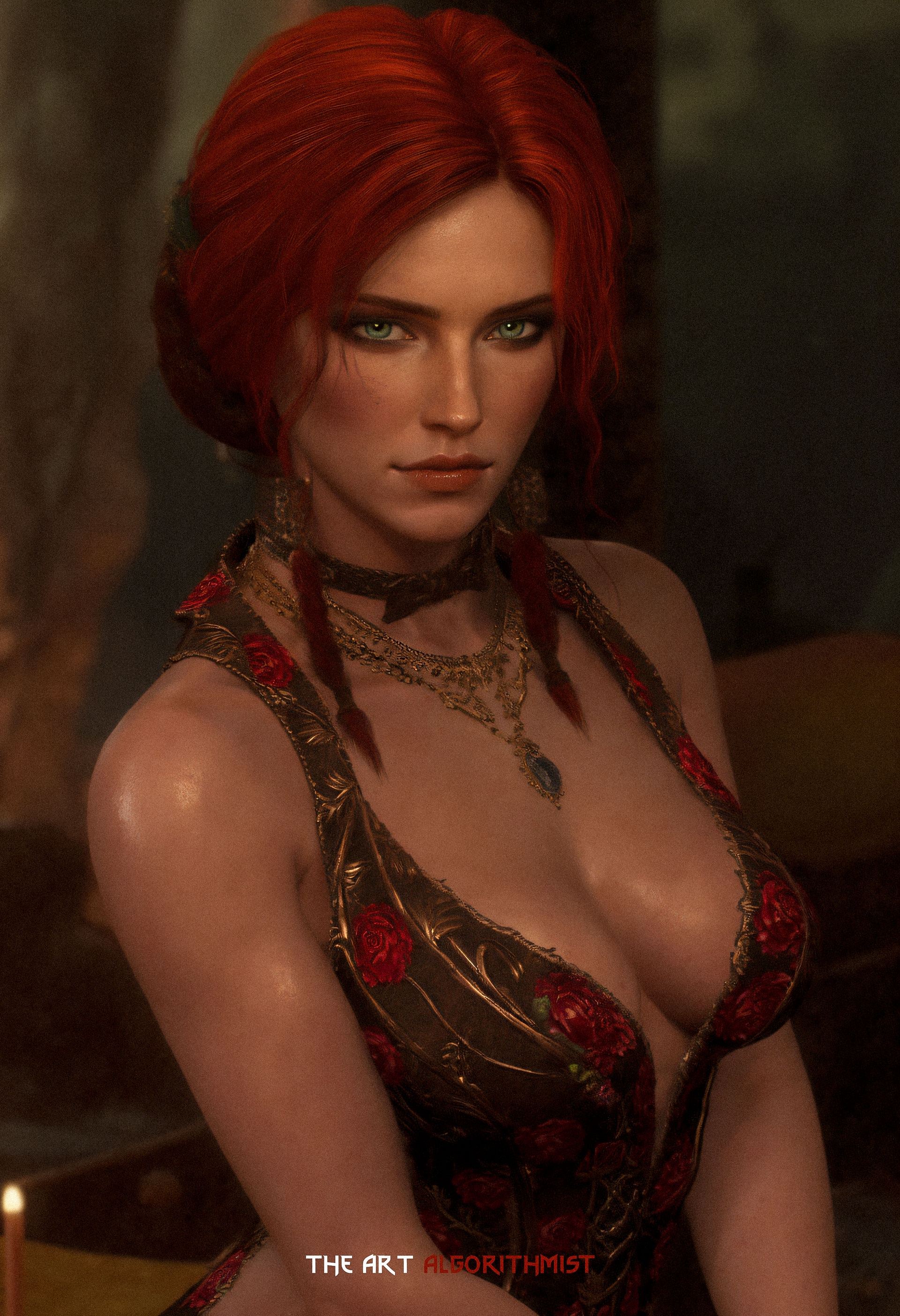 1girls, 3d, ai generated, big breasts, breasts, cd projekt red, cleavage, female, female only, green eyes, red hair, solo, the art algorithmist, the witcher (series), the witcher 3: wild hunt, triss merigold